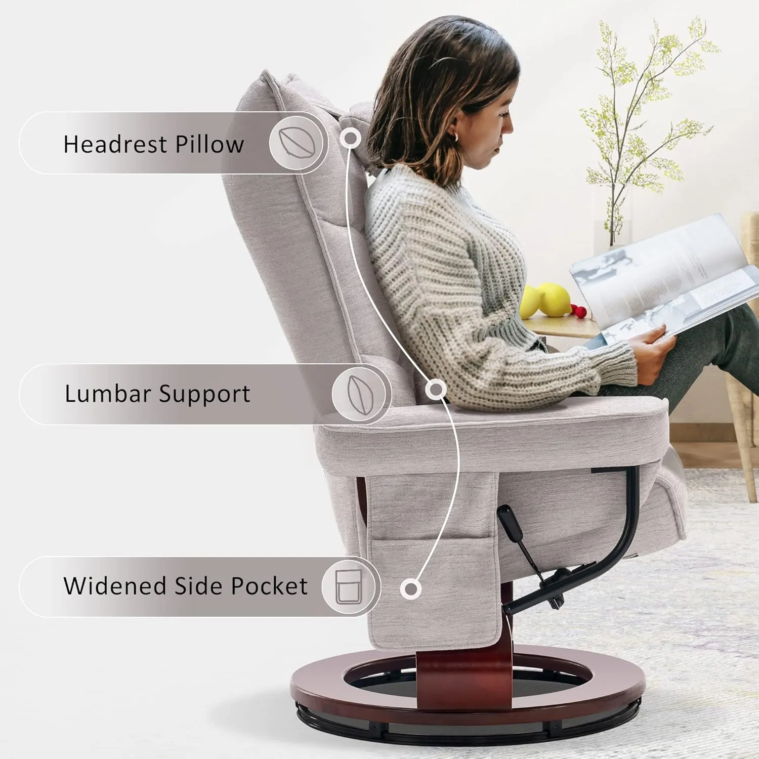 MCombo Swivel Recliner with Ottoman, TV Chair Sets with Vibration Massage, Ideal for Small Space, Living Room & Bedroom 4188 4605 (Brown Base, Beige)