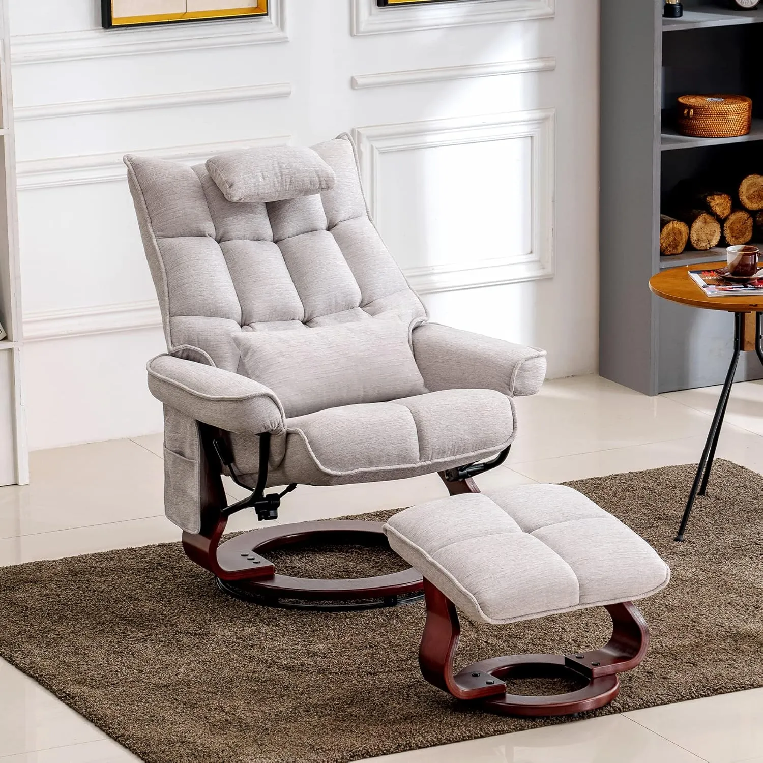 MCombo Swivel Recliner with Ottoman, TV Chair Sets with Vibration Massage, Ideal for Small Space, Living Room & Bedroom 4188 4605 (Brown Base, Beige)