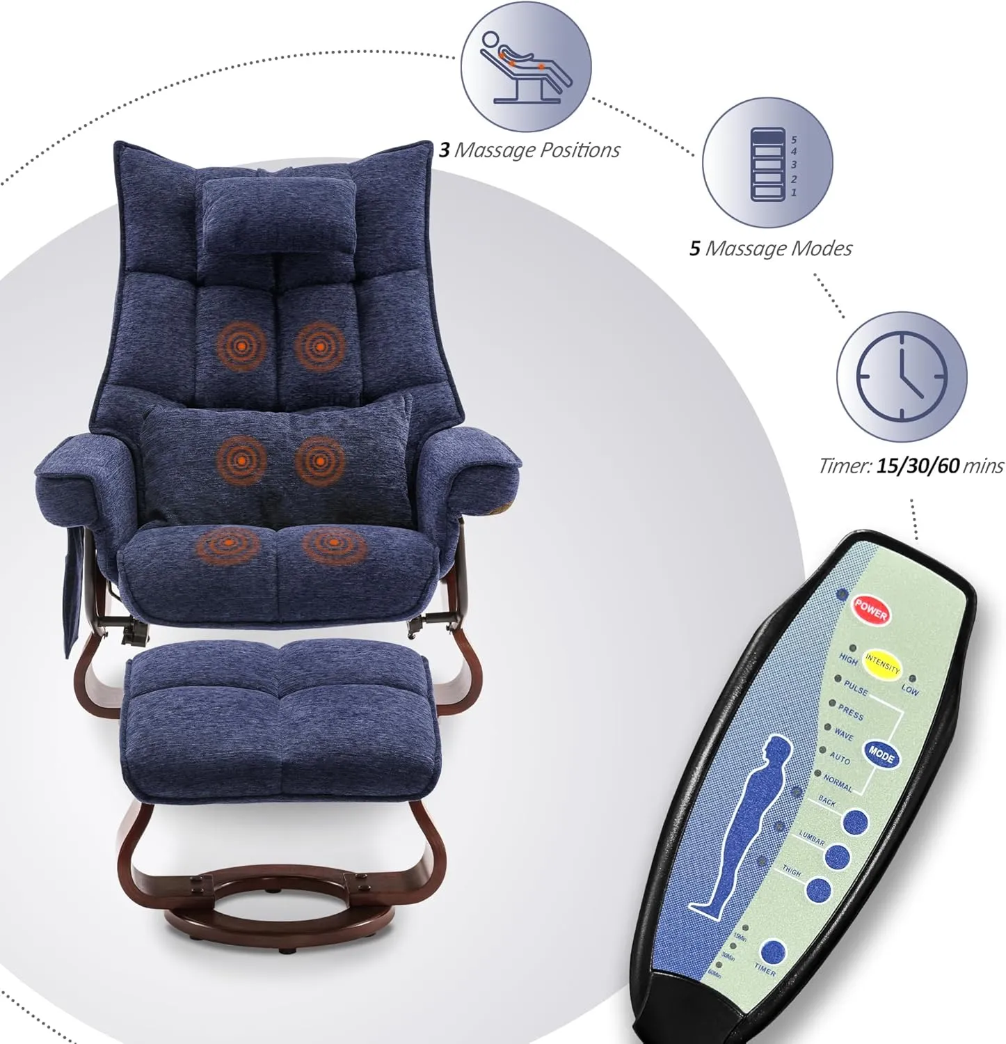 MCombo Swivel Recliner with Ottoman, TV Chair Sets with Vibration Massage, Ideal for Small Space, Living Room & Bedroom 4188 4605 (Brown Base, Blue)