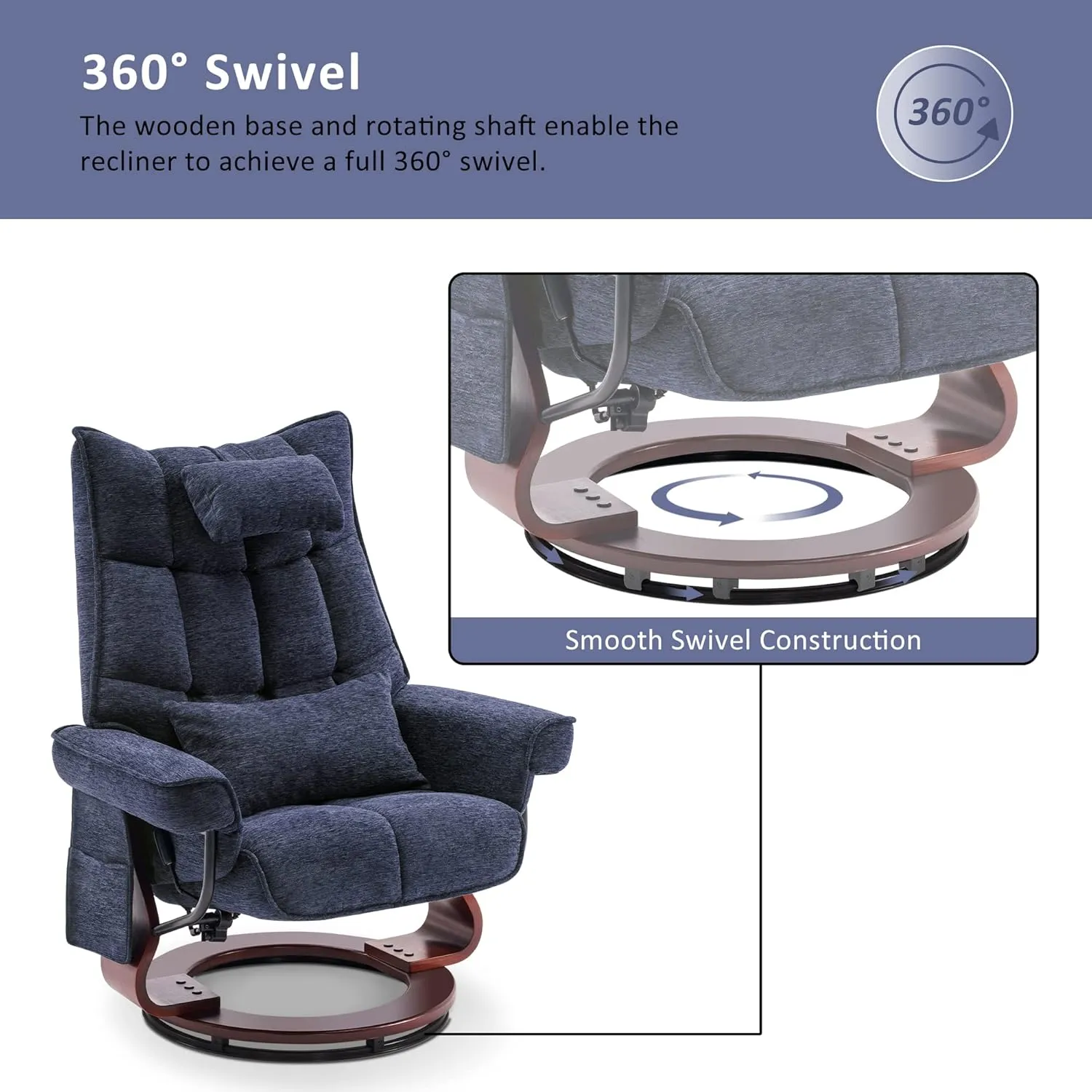 MCombo Swivel Recliner with Ottoman, TV Chair Sets with Vibration Massage, Ideal for Small Space, Living Room & Bedroom 4188 4605 (Brown Base, Blue)
