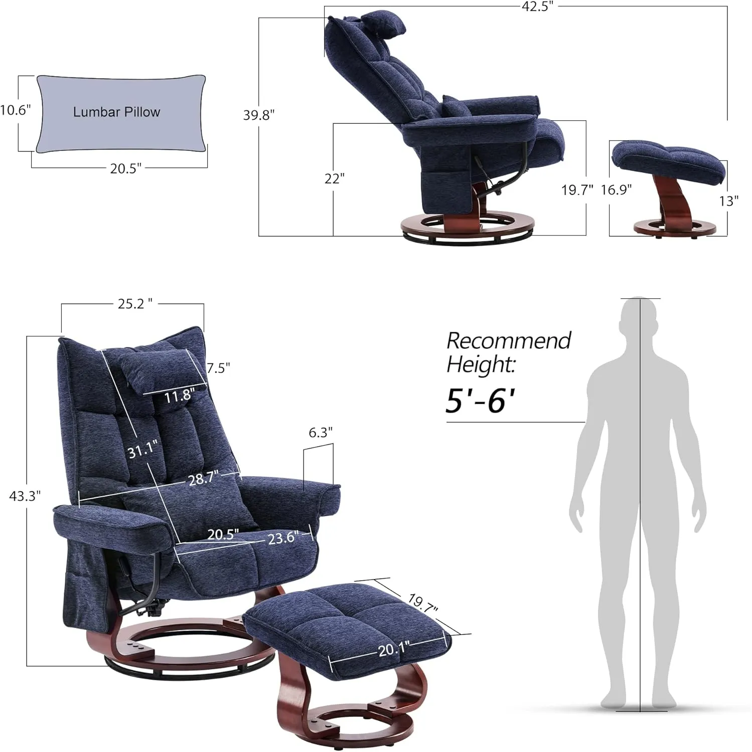 MCombo Swivel Recliner with Ottoman, TV Chair Sets with Vibration Massage, Ideal for Small Space, Living Room & Bedroom 4188 4605 (Brown Base, Blue)