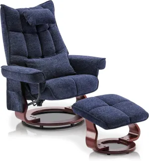 MCombo Swivel Recliner with Ottoman, TV Chair Sets with Vibration Massage, Ideal for Small Space, Living Room & Bedroom 4188 4605 (Brown Base, Blue)