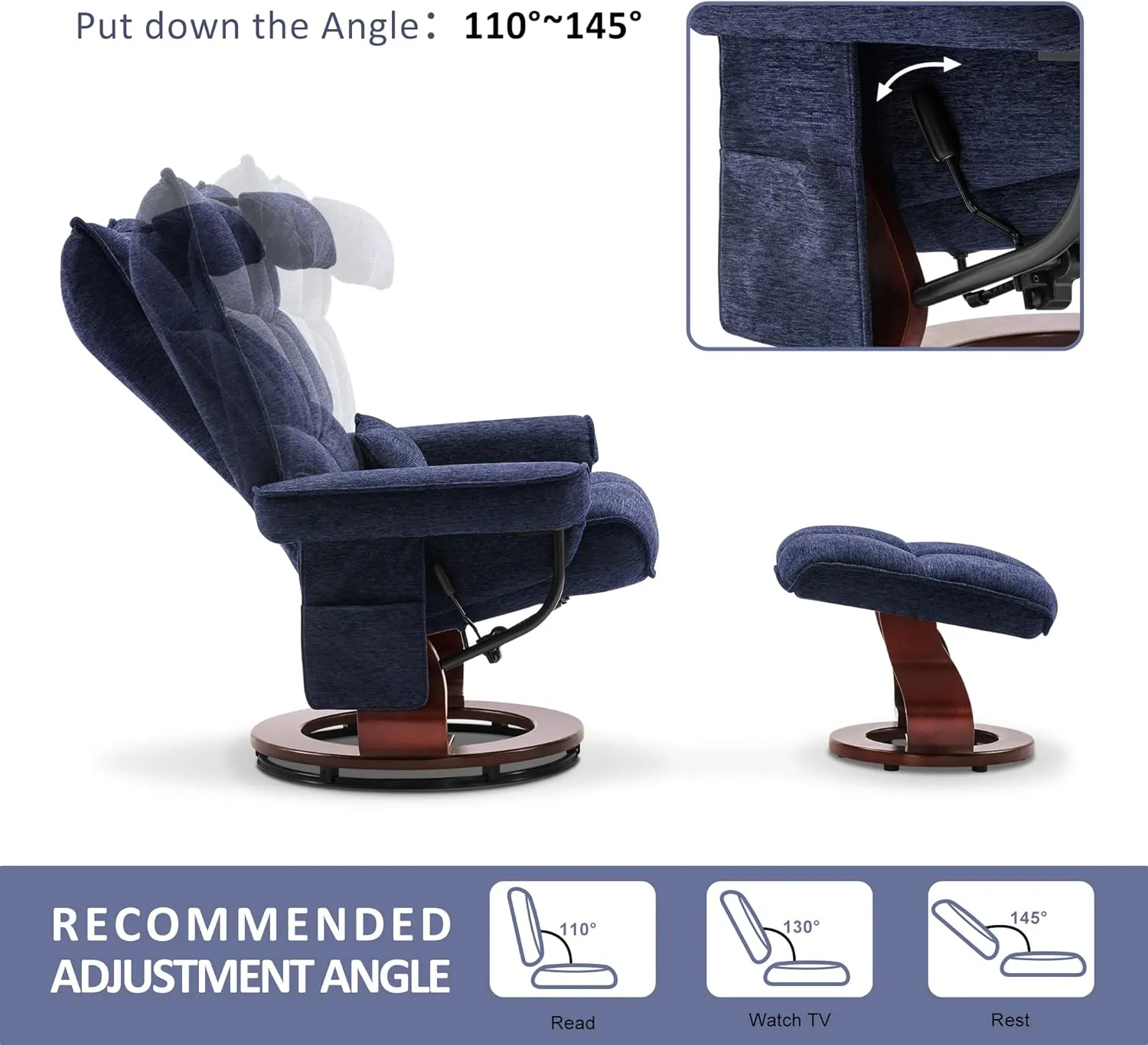 MCombo Swivel Recliner with Ottoman, TV Chair Sets with Vibration Massage, Ideal for Small Space, Living Room & Bedroom 4188 4605 (Brown Base, Blue)