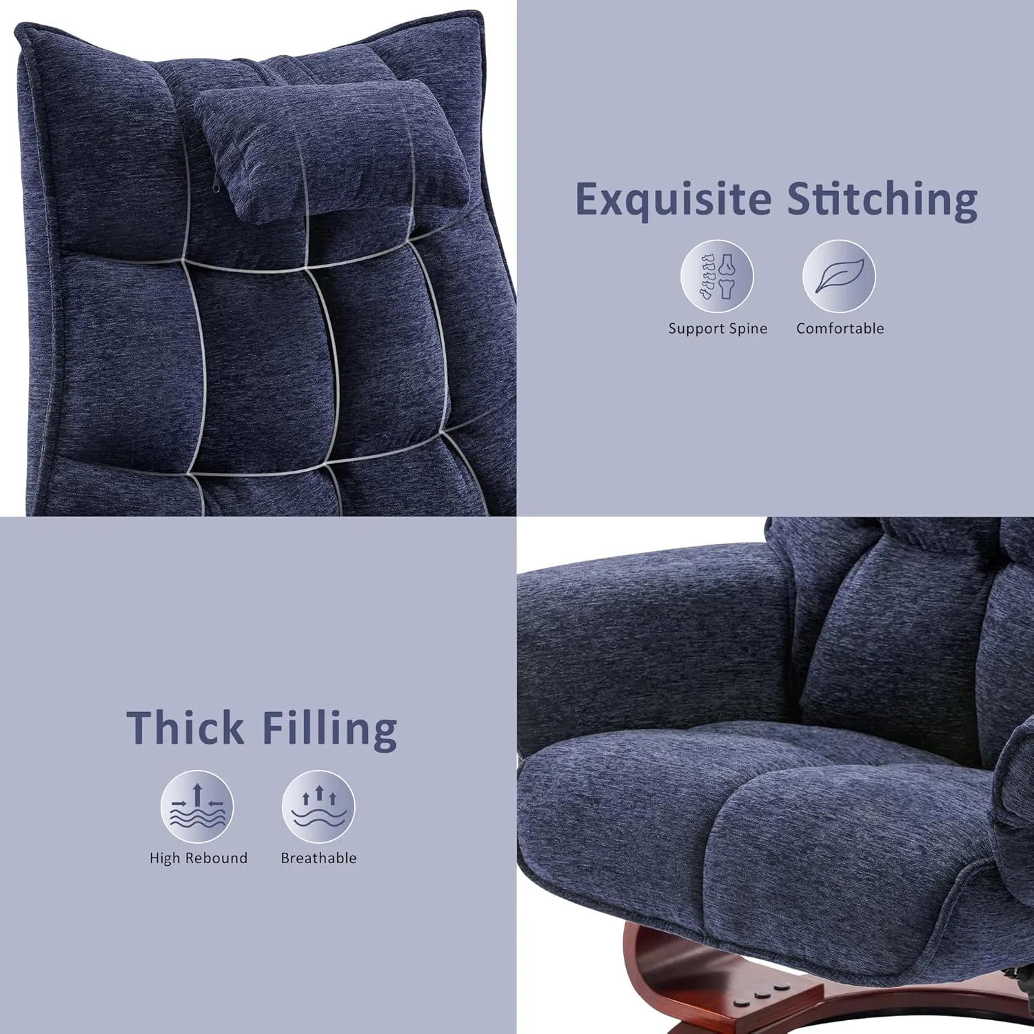 MCombo Swivel Recliner with Ottoman, TV Chair Sets with Vibration Massage, Ideal for Small Space, Living Room & Bedroom 4188 4605 (Brown Base, Blue)
