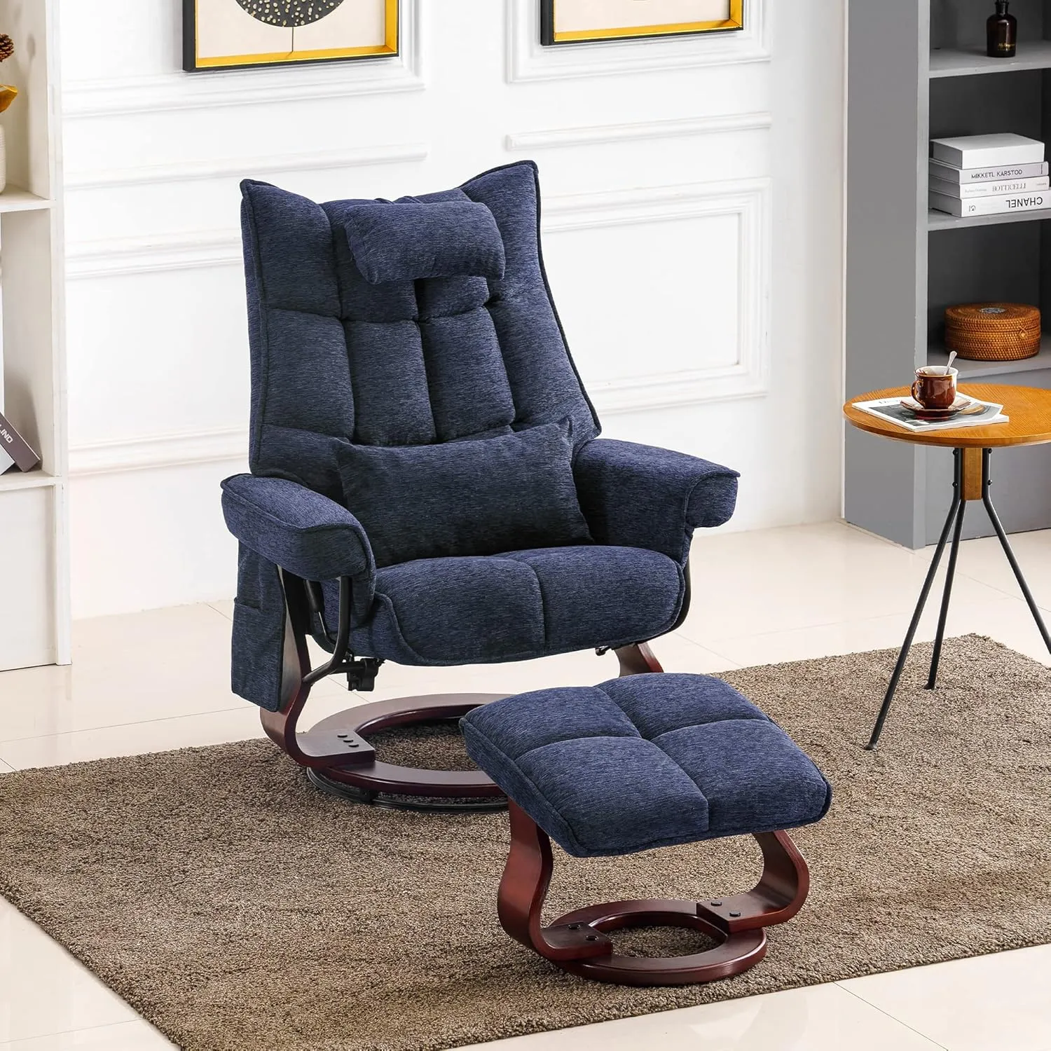 MCombo Swivel Recliner with Ottoman, TV Chair Sets with Vibration Massage, Ideal for Small Space, Living Room & Bedroom 4188 4605 (Brown Base, Blue)