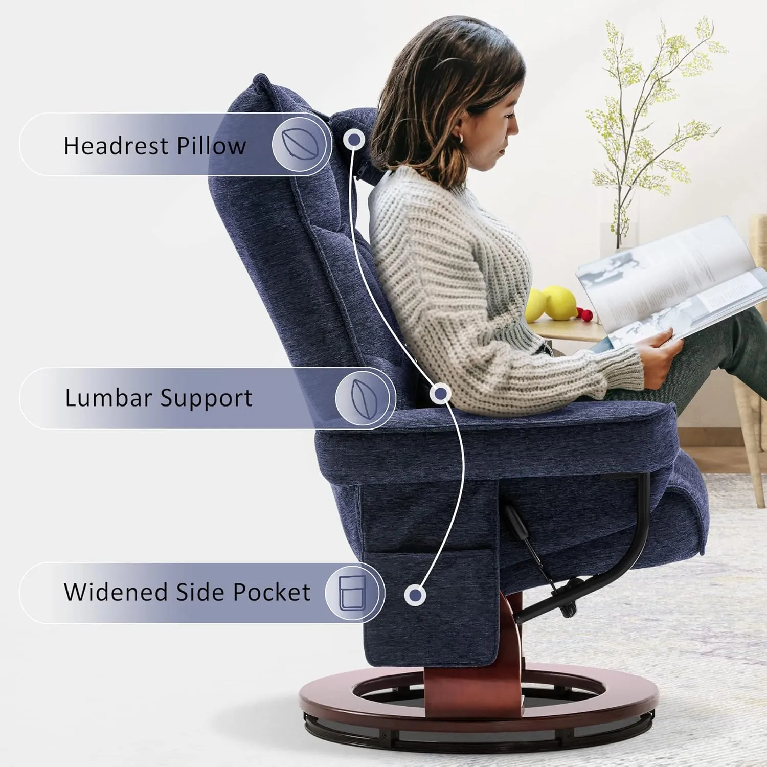 MCombo Swivel Recliner with Ottoman, TV Chair Sets with Vibration Massage, Ideal for Small Space, Living Room & Bedroom 4188 4605 (Brown Base, Blue)