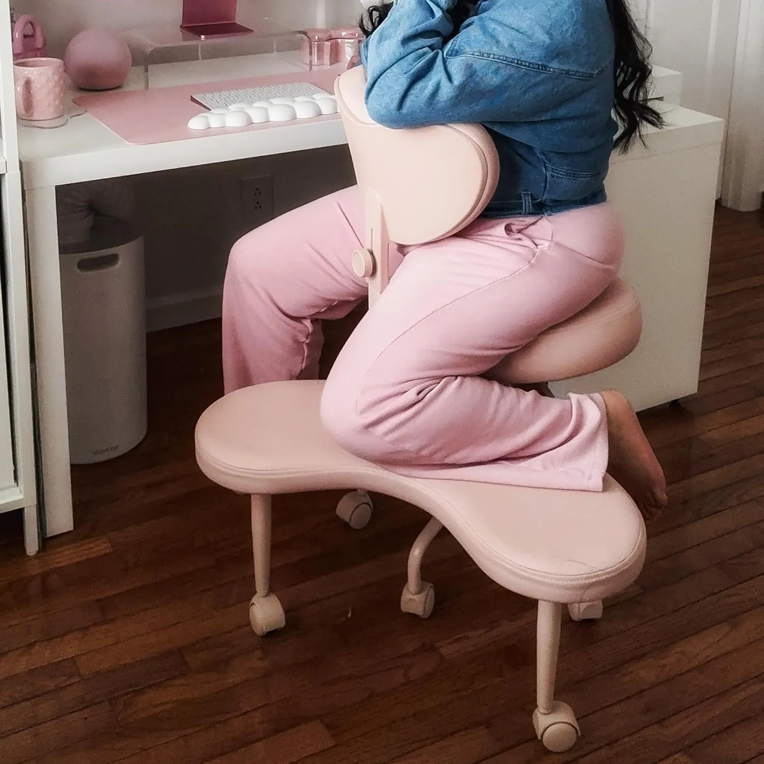 Meditation Cross Legged Chair PRO, ADHD Chair with Height Adjustable Backrest, Criss Cross Desk Use with Footrest and Wheels for Home Office, Flexible Design for Fidgety Sitters, Pink