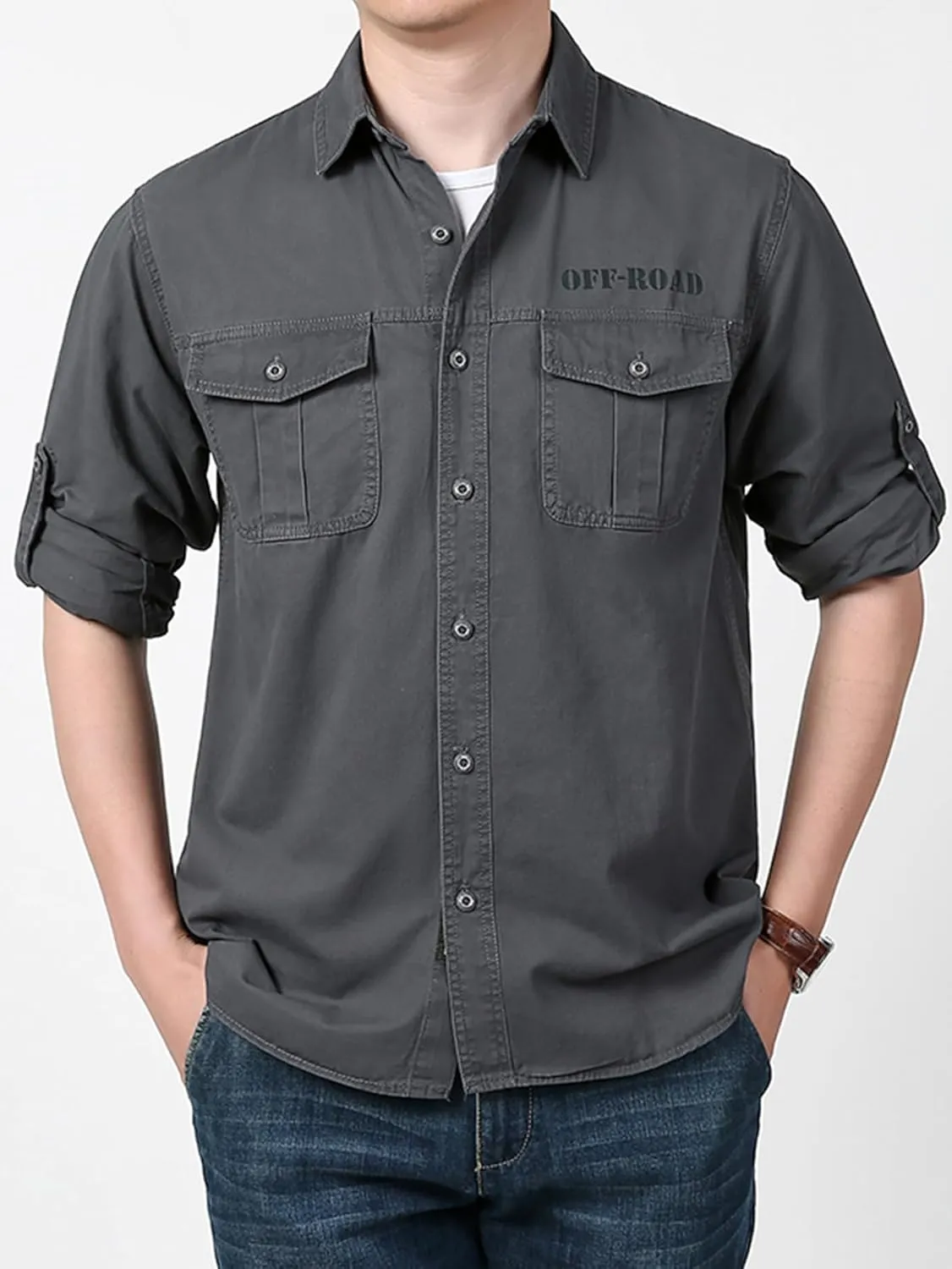 Men's Roll-Up Sleeve Cargo Work Shirts with Pockets
