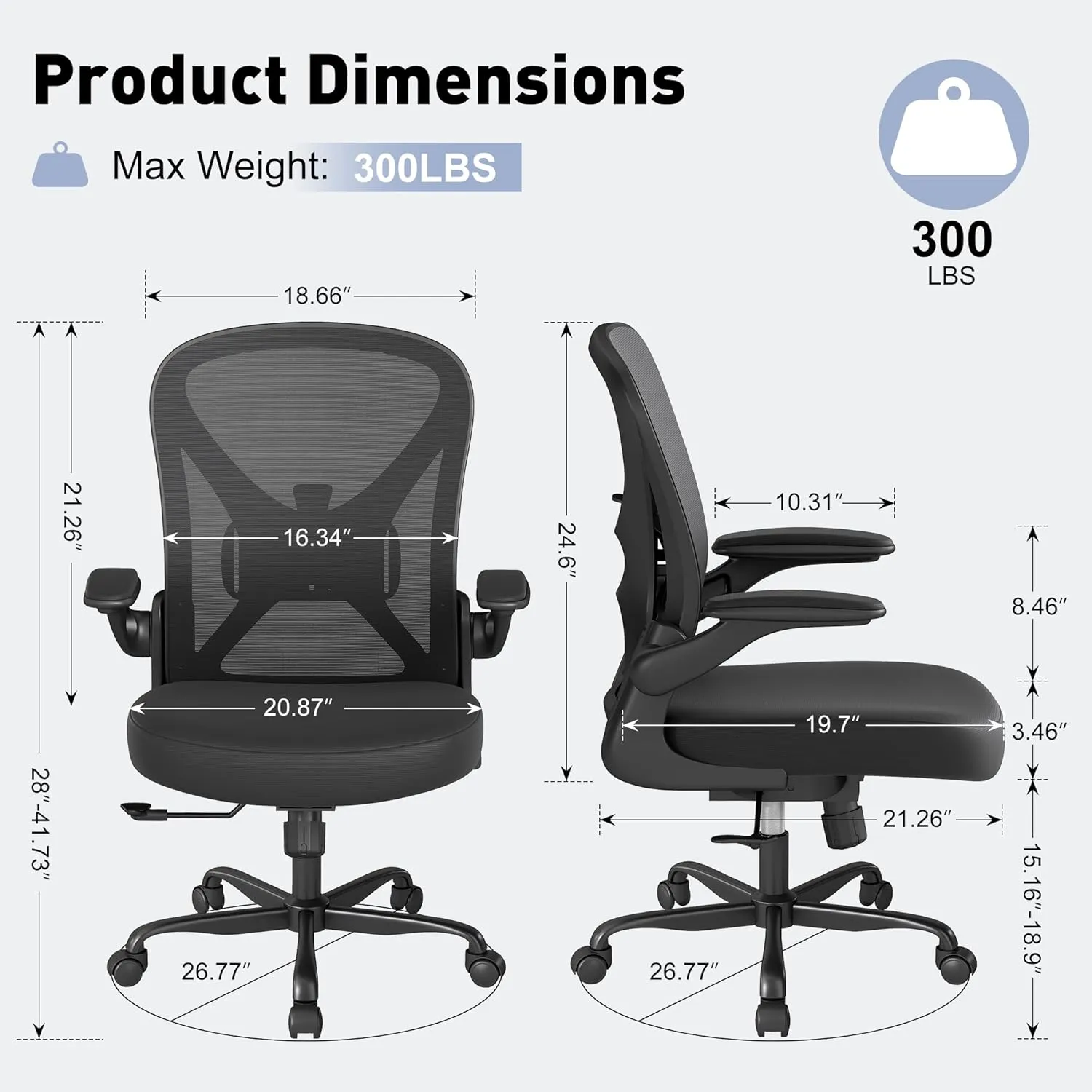 Mesh Office Chair with Adjustable Lumbar Support, Ergonomic Home Office Desk Chair with Wheels and Flip-up Arms, Black
