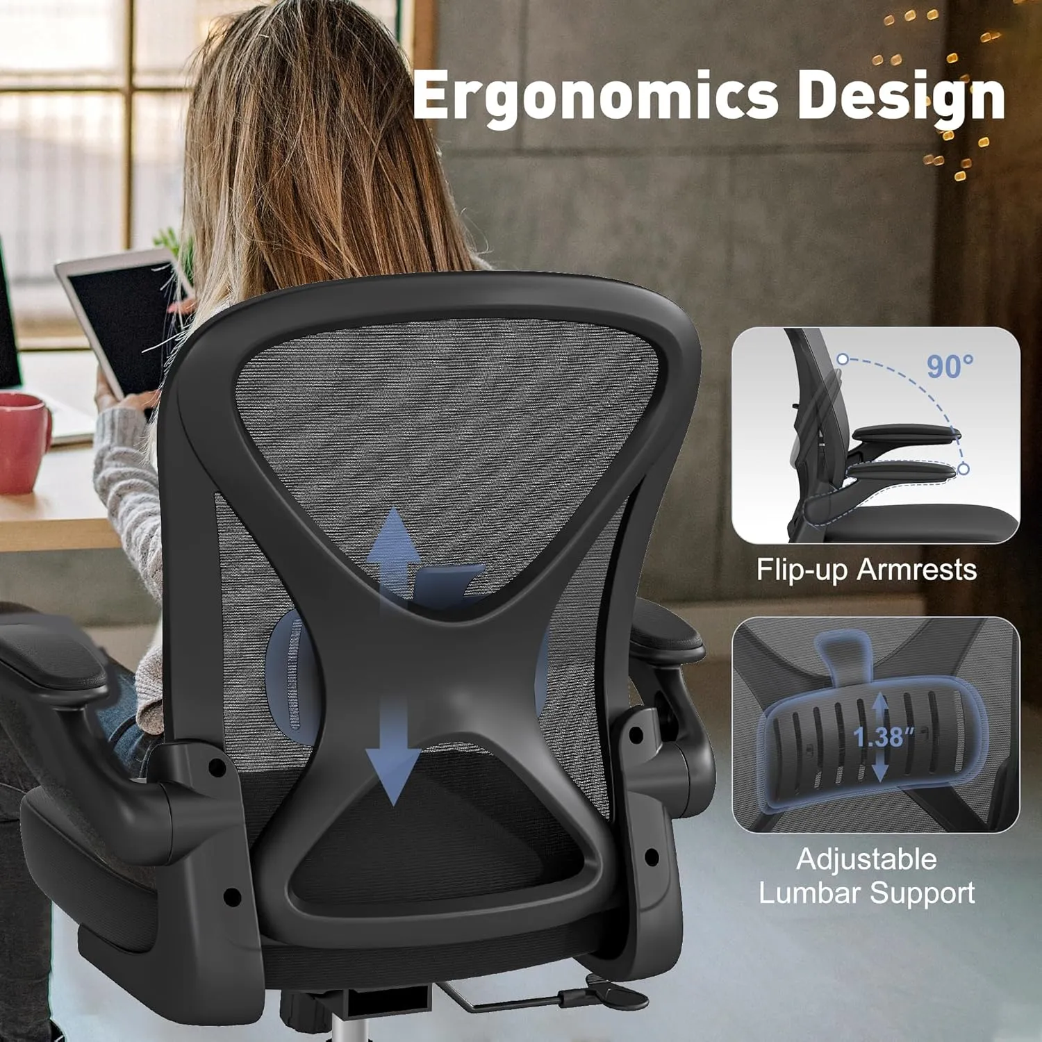 Mesh Office Chair with Adjustable Lumbar Support, Ergonomic Home Office Desk Chair with Wheels and Flip-up Arms, Black