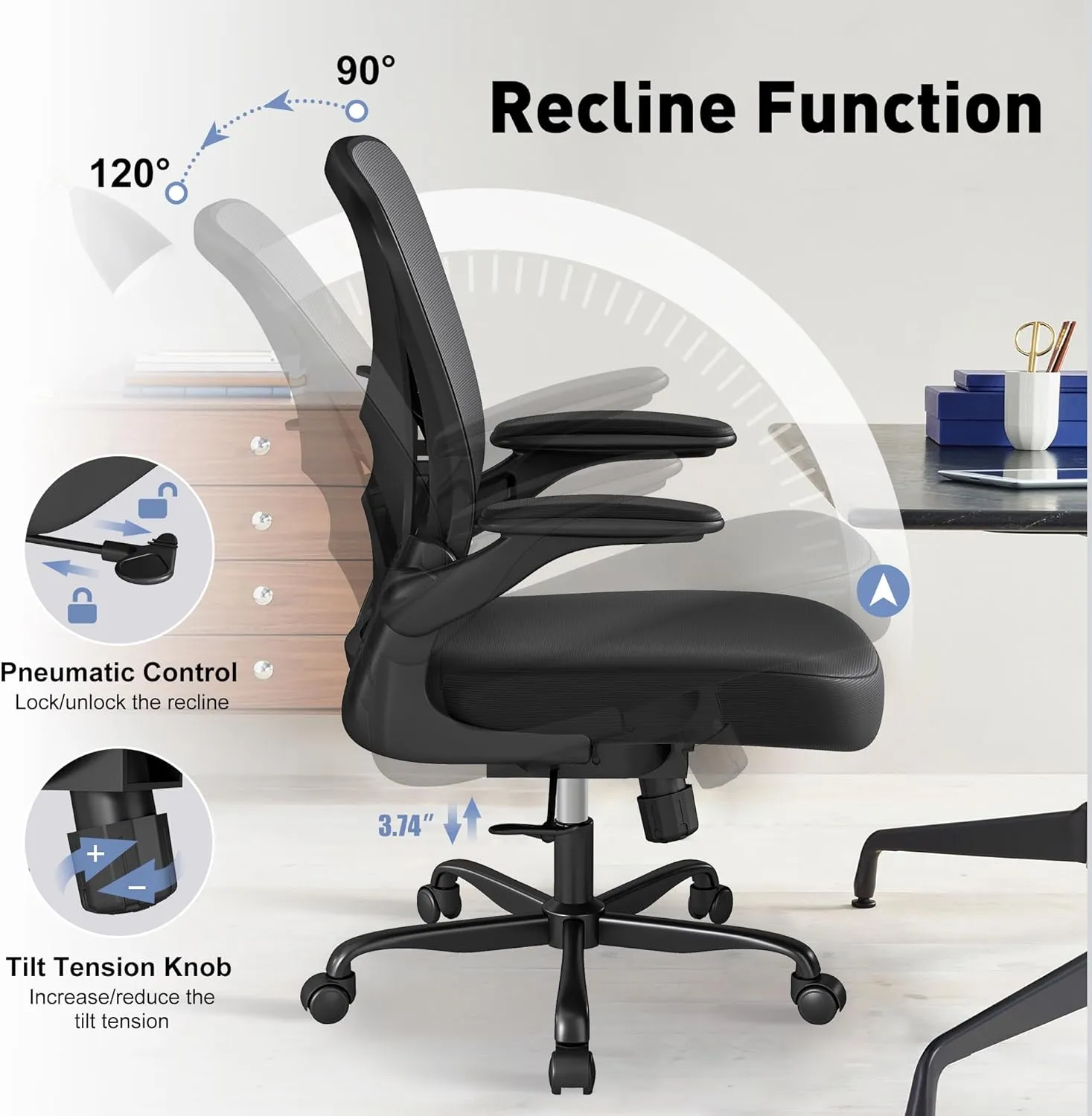Mesh Office Chair with Adjustable Lumbar Support, Ergonomic Home Office Desk Chair with Wheels and Flip-up Arms, Black