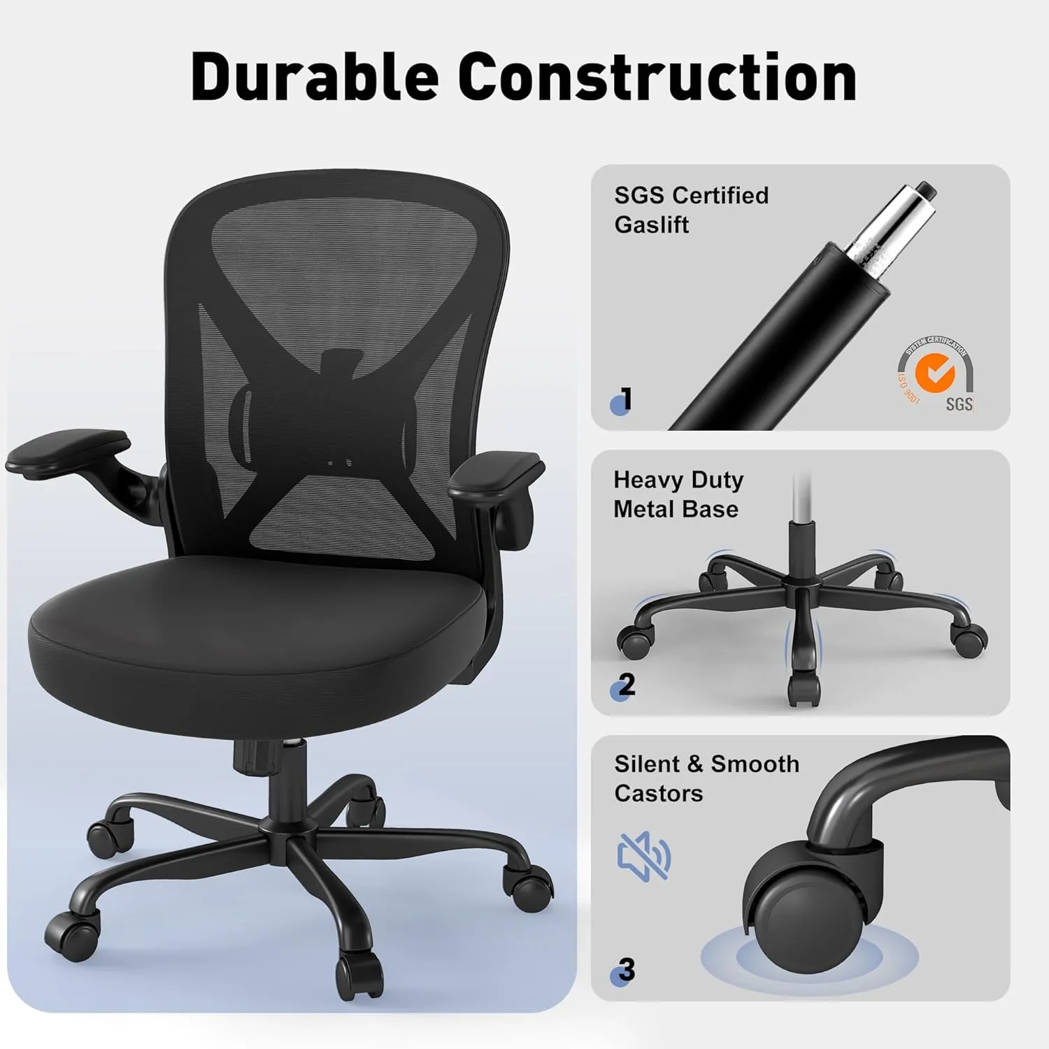 Mesh Office Chair with Adjustable Lumbar Support, Ergonomic Home Office Desk Chair with Wheels and Flip-up Arms, Black