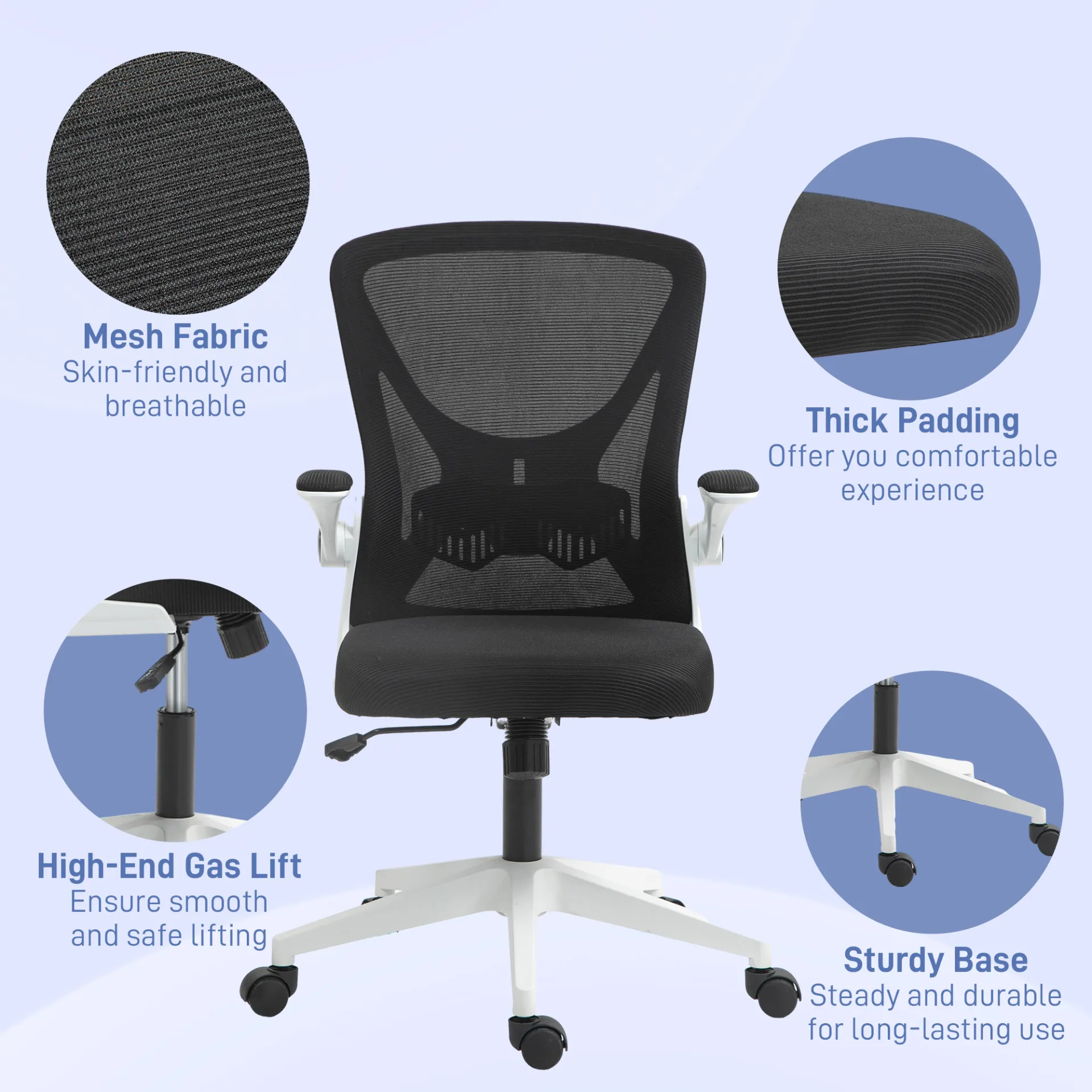 Mesh Office Chair with Flip-Up Armrests, Adjustable Height, Tilt, Ergonomic Desk Chair, Black & White | Vinsetto