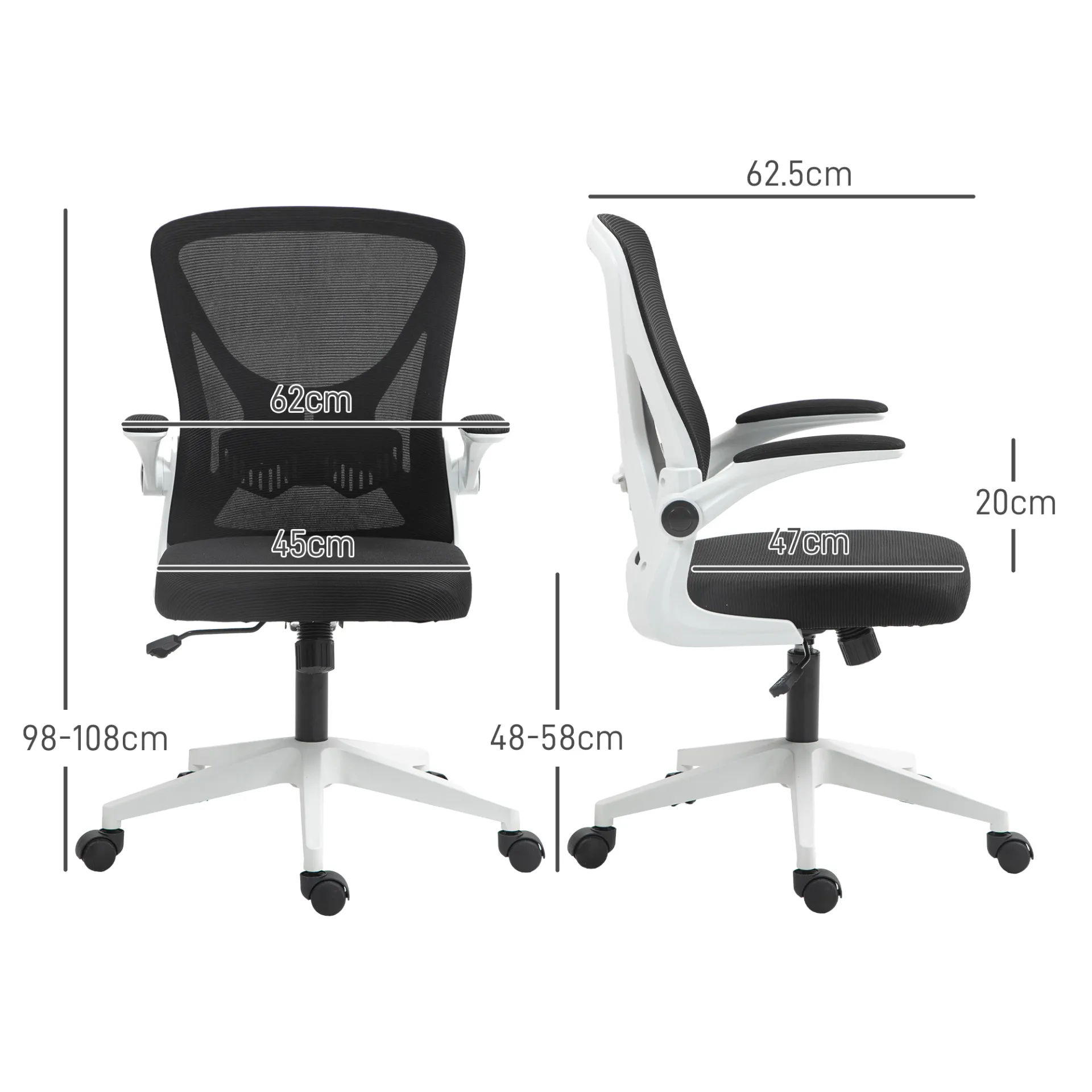 Mesh Office Chair with Flip-Up Armrests, Adjustable Height, Tilt, Ergonomic Desk Chair, Black & White | Vinsetto