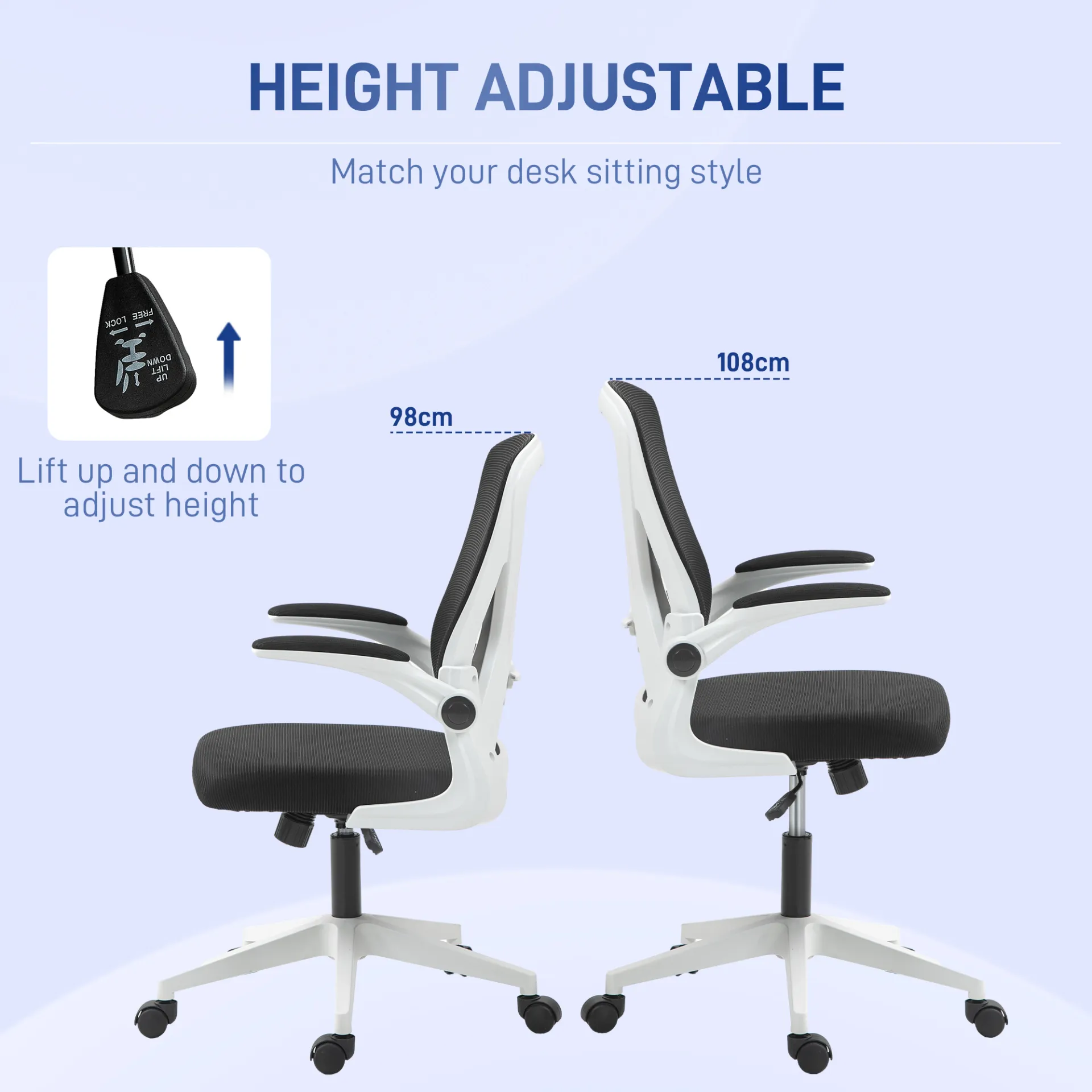 Mesh Office Chair with Flip-Up Armrests, Adjustable Height, Tilt, Ergonomic Desk Chair, Black & White | Vinsetto