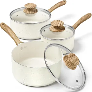 MICHELANGELO Saucepan Set with Lid, Nonstick Sauce Pan Sets with Granite Coatings, Non-Toxic Sauce Pot Sets of 3, Induction Compatible, 1Qt, 2Qt & 3Qt, White