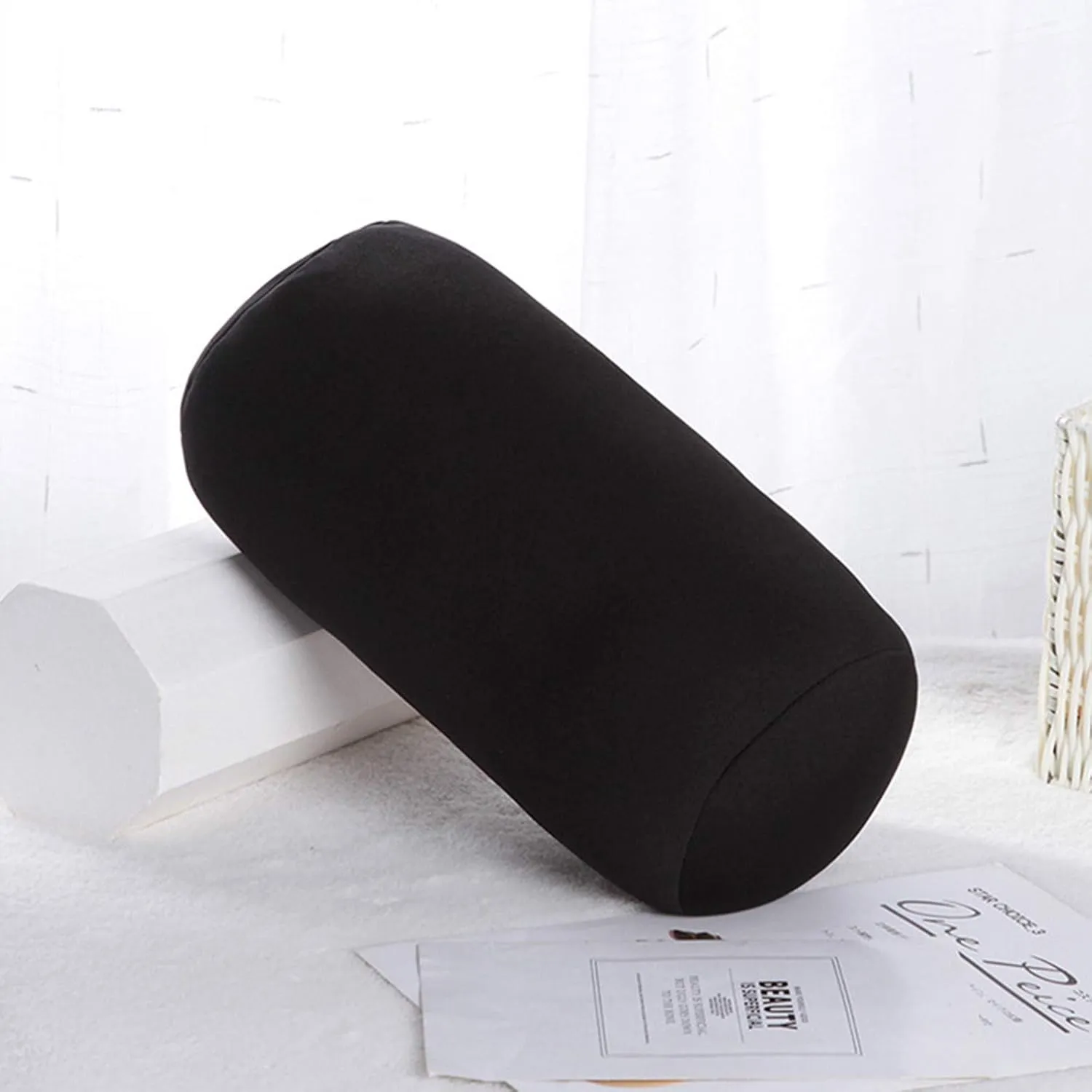 Microbead Roll Neck Pillows Comfy Bean Bag Pillow Mooshi Foam Bolster Tube Cushion Back Head Lumbar Support Sleeping Throw Pillows for Travel Airplane Car Sofa Bed (Black, 12.6''X6.3'')
