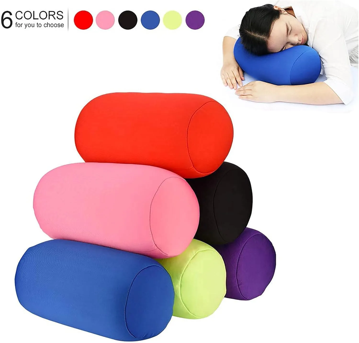 Microbead Roll Neck Pillows Comfy Bean Bag Pillow Mooshi Foam Bolster Tube Cushion Back Head Lumbar Support Sleeping Throw Pillows for Travel Airplane Car Sofa Bed (Red, 12.6''X6.3'')