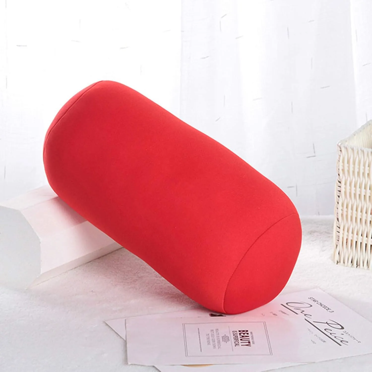 Microbead Roll Neck Pillows Comfy Bean Bag Pillow Mooshi Foam Bolster Tube Cushion Back Head Lumbar Support Sleeping Throw Pillows for Travel Airplane Car Sofa Bed (Red, 12.6''X6.3'')