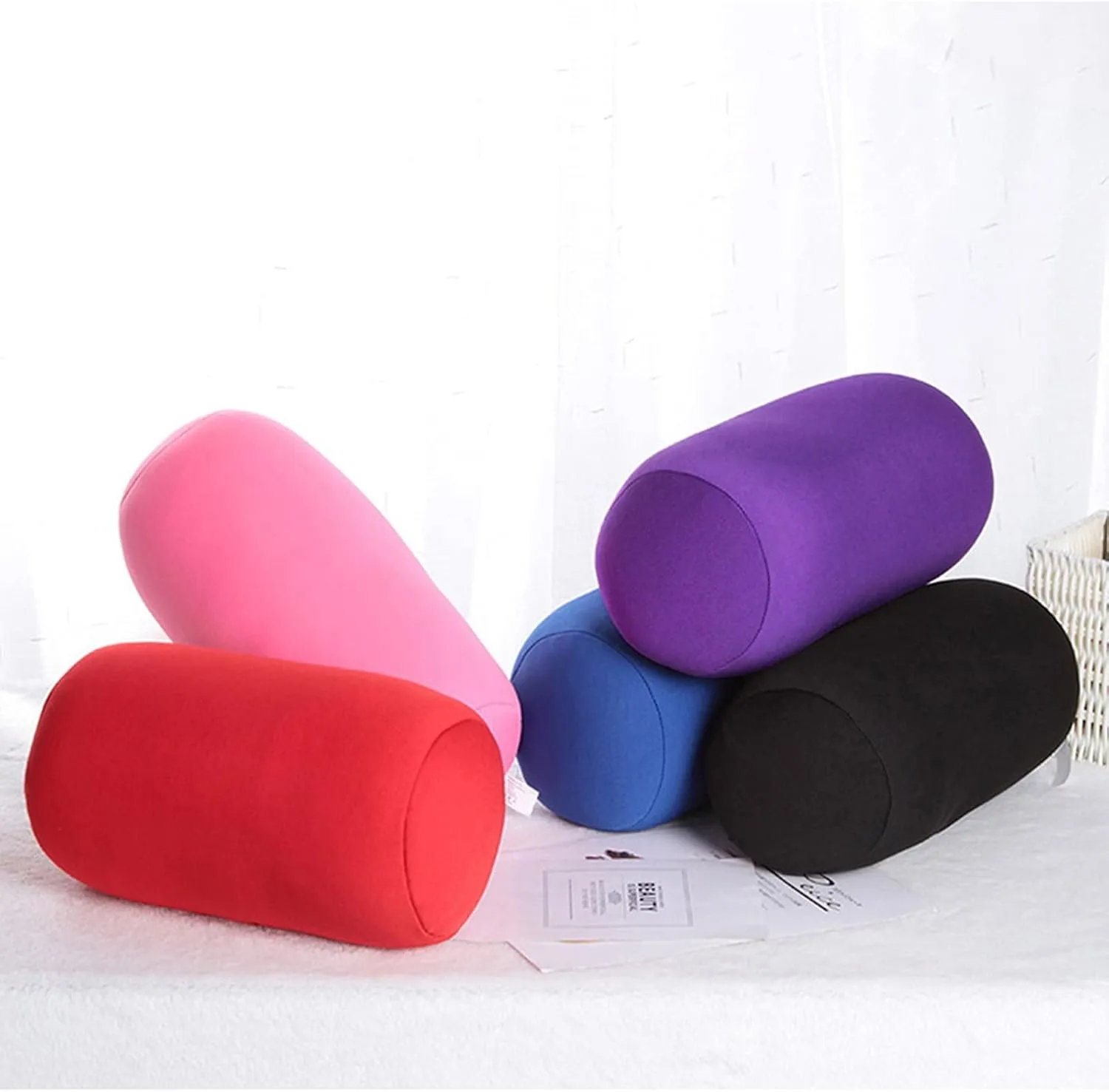 Microbead Roll Neck Pillows Comfy Bean Bag Pillow Mooshi Foam Bolster Tube Cushion Back Head Lumbar Support Sleeping Throw Pillows for Travel Airplane Car Sofa Bed (Red, 12.6''X6.3'')