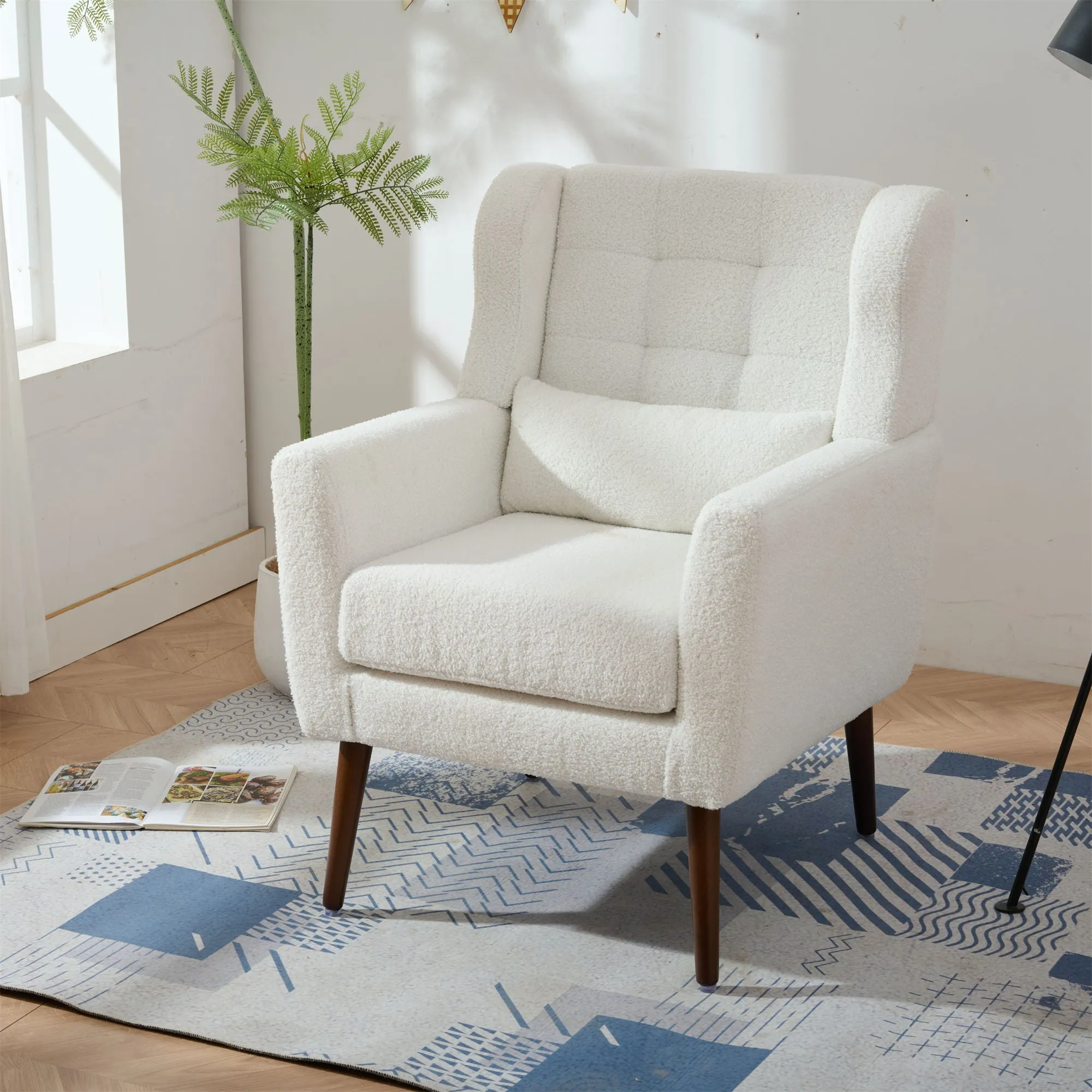 Modern Accent Chair, Chenille Arm Chairs For Living Room, Upholstered Mordern Armchair, Comfy Soft Padded Lounge Chair In Small Space, Bedroom, With Pillow, Solid Wood Leg