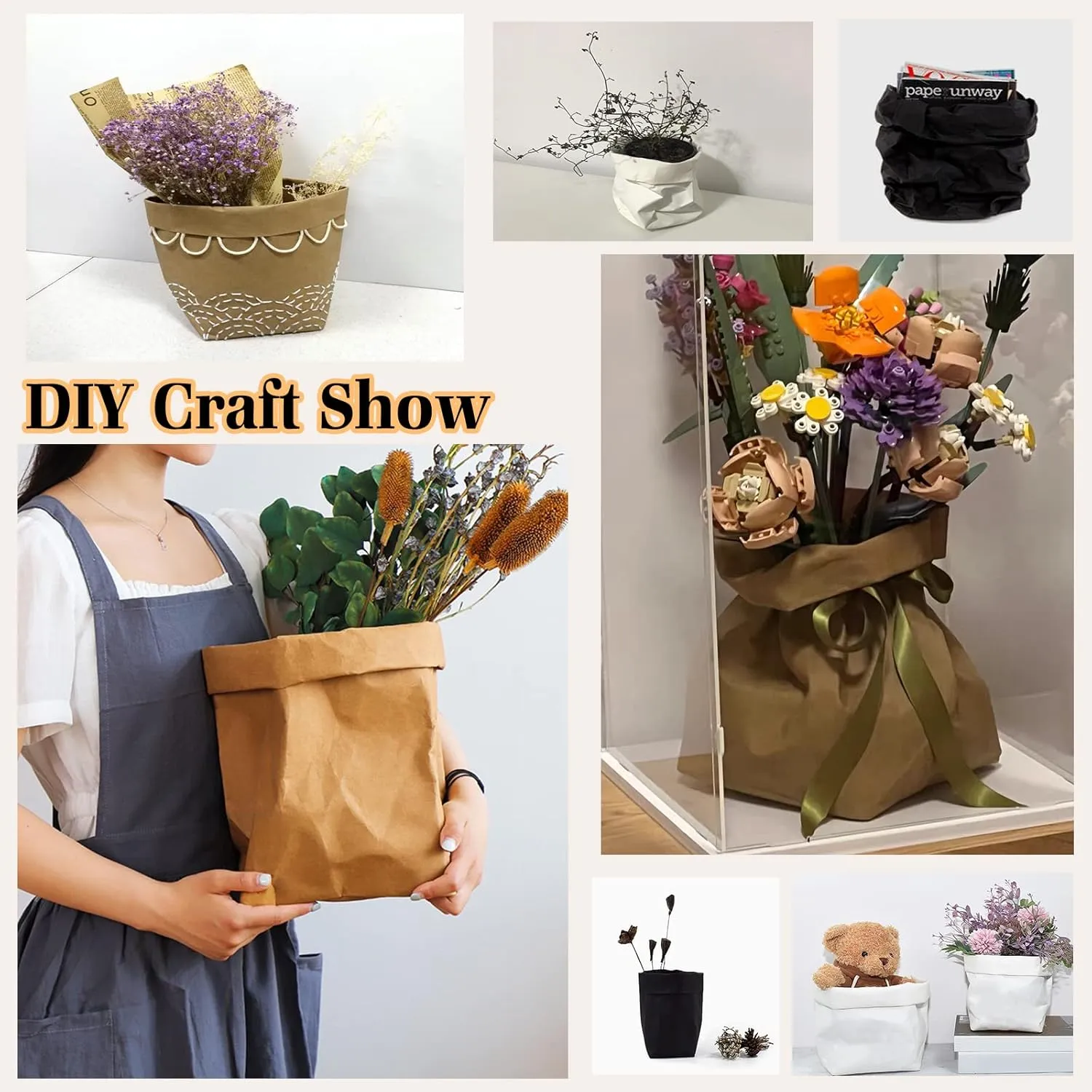 Muka 4 Pack Washable Kraft Paper Bag, Cosmetic Organizer Makeup Brush Cup Holder 4-3/4 x 4-3/4 x 8-3/4 Inch