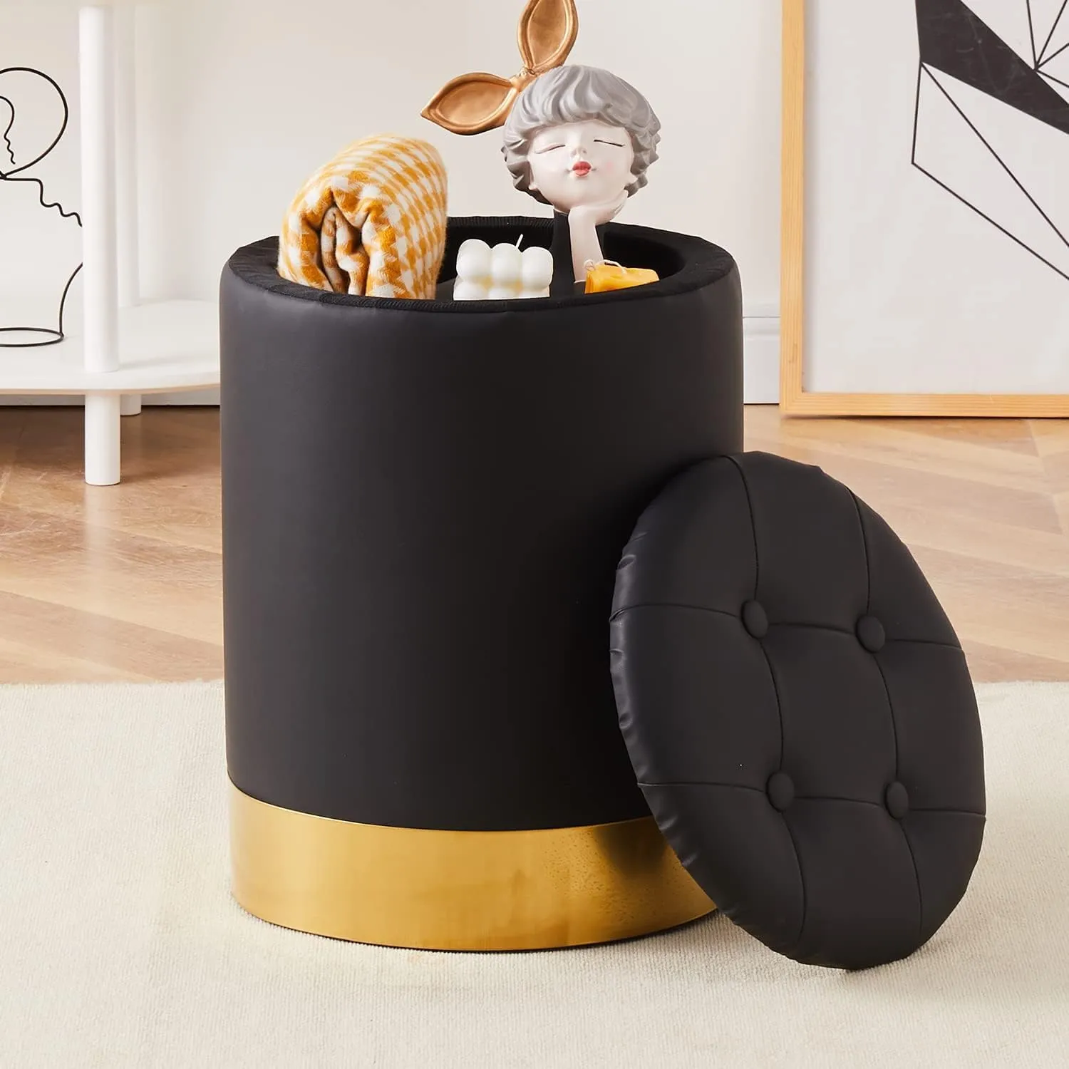 Mxfurhawa Storage Ottoman Multipurpose Footrest Stool with Metal Base Modern Round Vanity Stool Chair Ottoman Foot Stools Support 300 lbs Padded Seat for Living Room