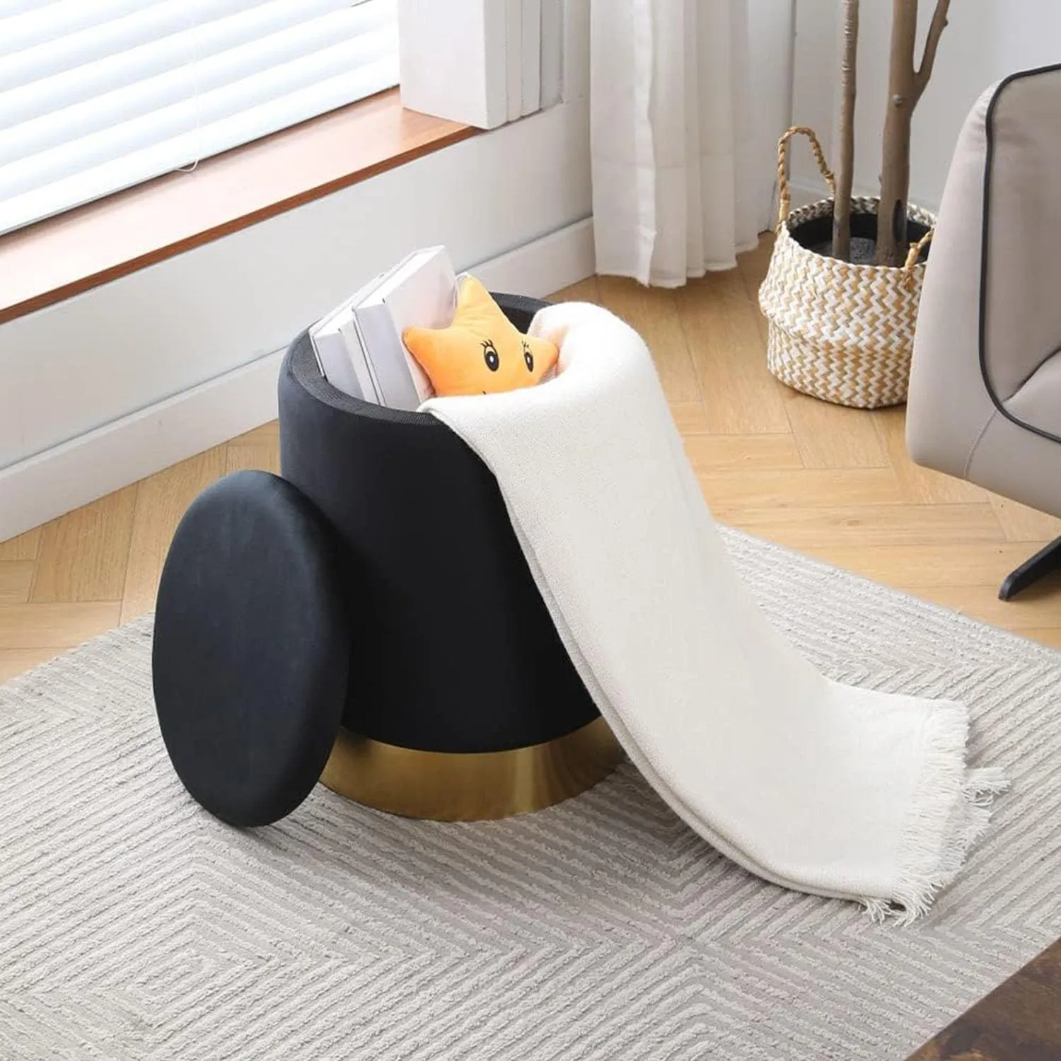 Mxfurhawa Storage Ottoman Multipurpose Footrest Stool with Metal Base Modern Round Vanity Stool Chair Ottoman Foot Stools Support 300 lbs Padded Seat for Living Room
