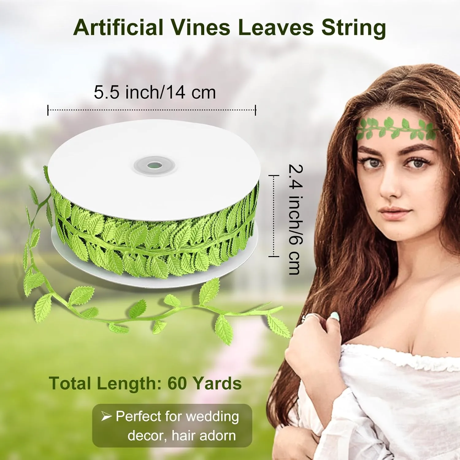 Naidiler Leaf Ribbon, 60 Yards Artificial Green Ribbons for Crafts, Grass Olive Green Leaf Trim Rope for Baby Shower Wedding Party Wrapping Home Decor Wreath Garland