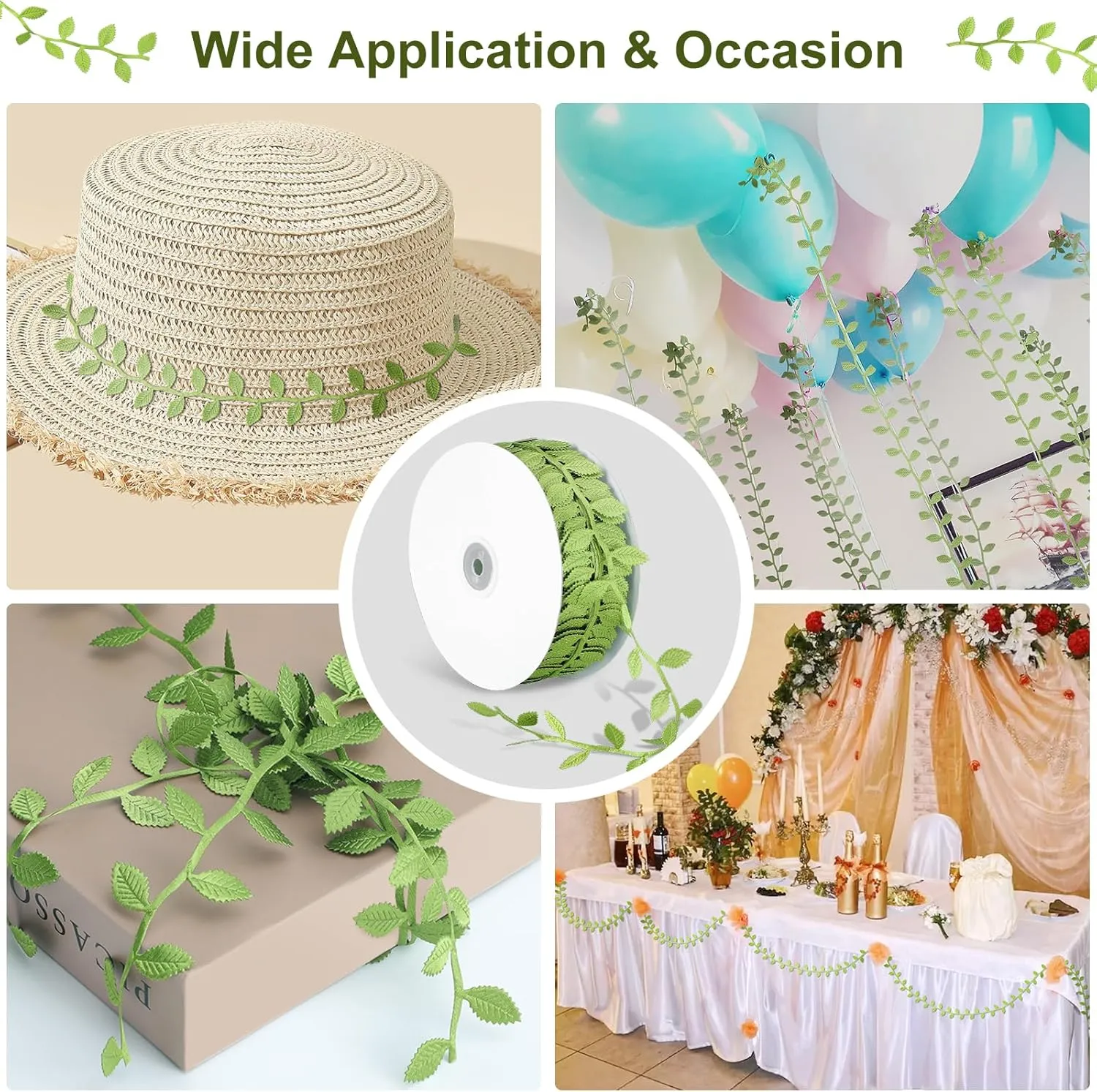 Naidiler Leaf Ribbon, 60 Yards Artificial Green Ribbons for Crafts, Grass Olive Green Leaf Trim Rope for Baby Shower Wedding Party Wrapping Home Decor Wreath Garland
