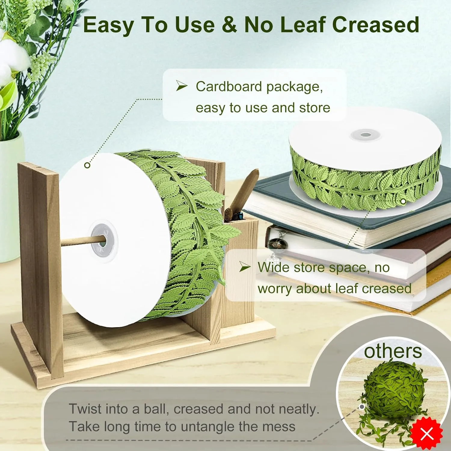 Naidiler Leaf Ribbon, 60 Yards Artificial Green Ribbons for Crafts, Grass Olive Green Leaf Trim Rope for Baby Shower Wedding Party Wrapping Home Decor Wreath Garland