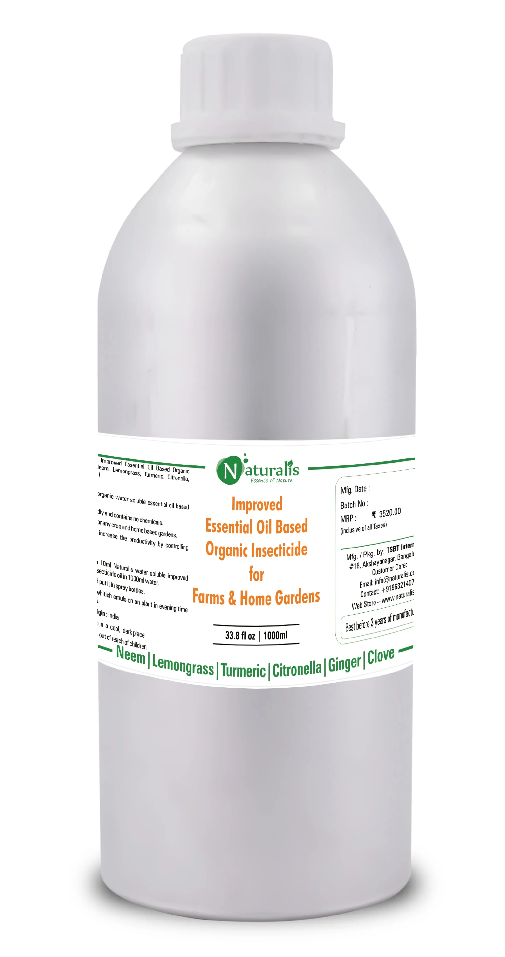 Naturalis New Improved Essential Oil Based Organic Insecticide (Neem, Lemongrass, Citronella, Turmeric) Farms & Home Gardens
