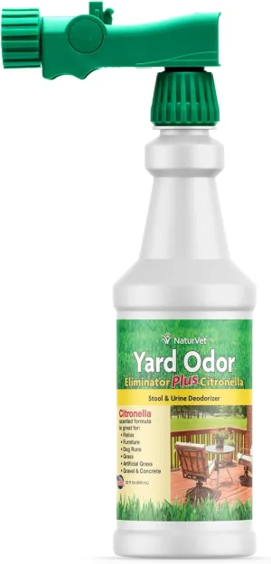 NaturVet – Yard Odor Eliminator Plus Citronella Spray – Eliminate Stool and Urine Odors from Lawn and Yard – Designed for Use on Grass, Patios, Gravel, Concrete & More – 32oz with Hose Nozzle