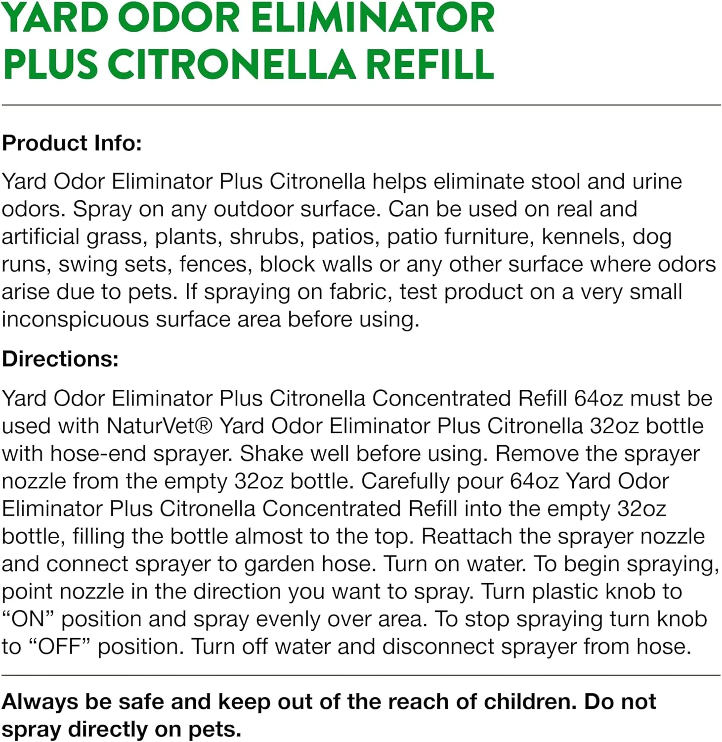NaturVet – Yard Odor Eliminator Plus Citronella Spray – Eliminate Stool and Urine Odors from Lawn and Yard – Designed for Use on Grass, Patios, Gravel, Concrete & More – 64oz Refill (No Hose Nozzle)