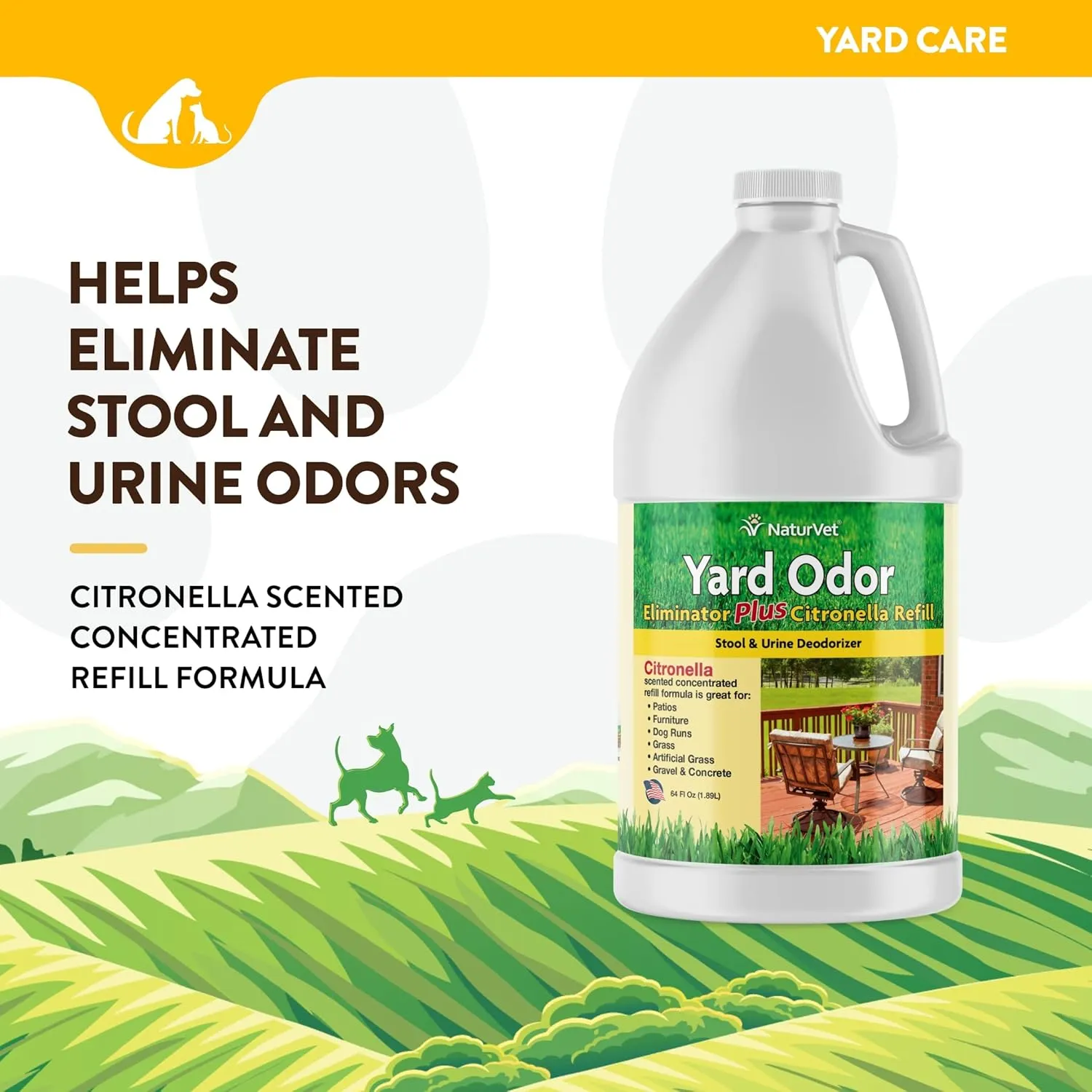 NaturVet – Yard Odor Eliminator Plus Citronella Spray – Eliminate Stool and Urine Odors from Lawn and Yard – Designed for Use on Grass, Patios, Gravel, Concrete & More – 64oz Refill (No Hose Nozzle)
