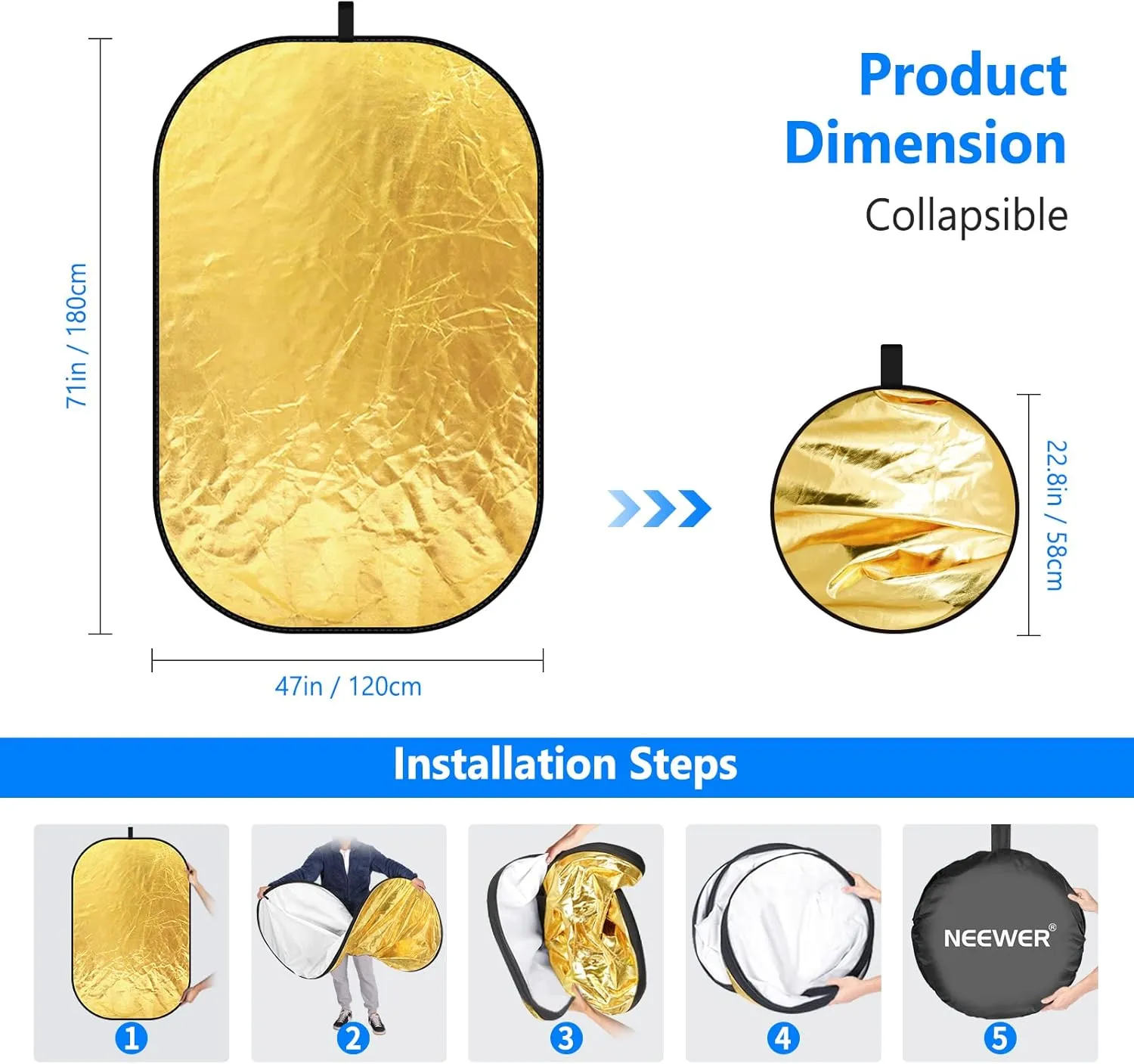 NEEWER 47"x71"/120x180cm Light Reflectors for Photography, Portable 5 in 1 Collapsible Multi Disc with Bag - Translucent, Silver, Gold, Black, White Diffuser for Studio and Outdoor Lighting