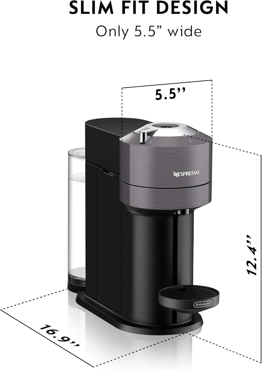 Nespresso Vertuo Next Coffee and Espresso Machine by De'Longhi with Milk Frother, 8 ounces, Dark Grey