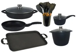 NEWARE Cast Aluminum MARBLE 9 piece Set plus silicon utensils/Juego de 9 piezas de MARBLE mas utensilios de silicon