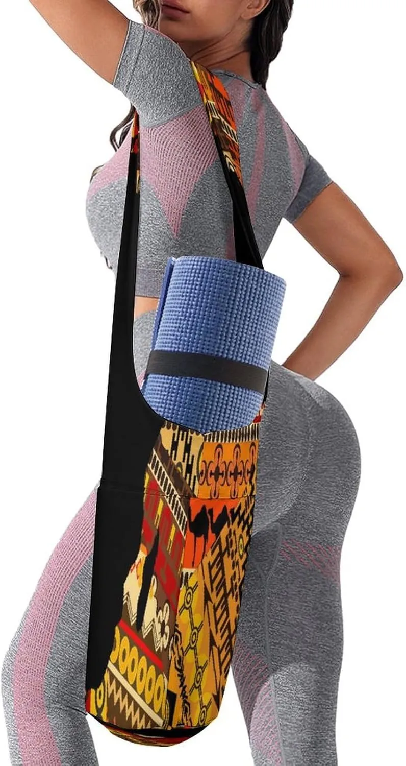 Nugier Yoga Mat Bag, Soft Canvas Storage Bag Fashion Mat Bag Pocket Shoulder Strap Clothes Dorm Organizer Print Africa Map on Tribal Ethnic Patchwork Background
