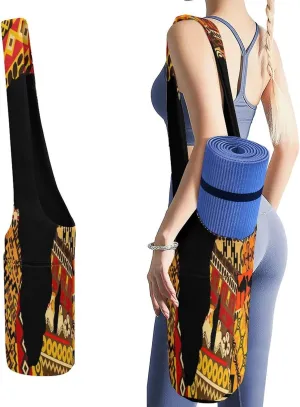 Nugier Yoga Mat Bag, Soft Canvas Storage Bag Fashion Mat Bag Pocket Shoulder Strap Clothes Dorm Organizer Print Africa Map on Tribal Ethnic Patchwork Background