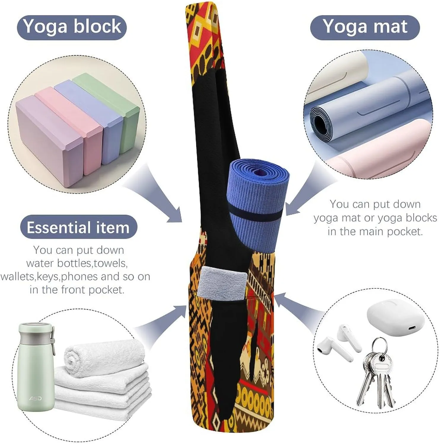Nugier Yoga Mat Bag, Soft Canvas Storage Bag Fashion Mat Bag Pocket Shoulder Strap Clothes Dorm Organizer Print Africa Map on Tribal Ethnic Patchwork Background