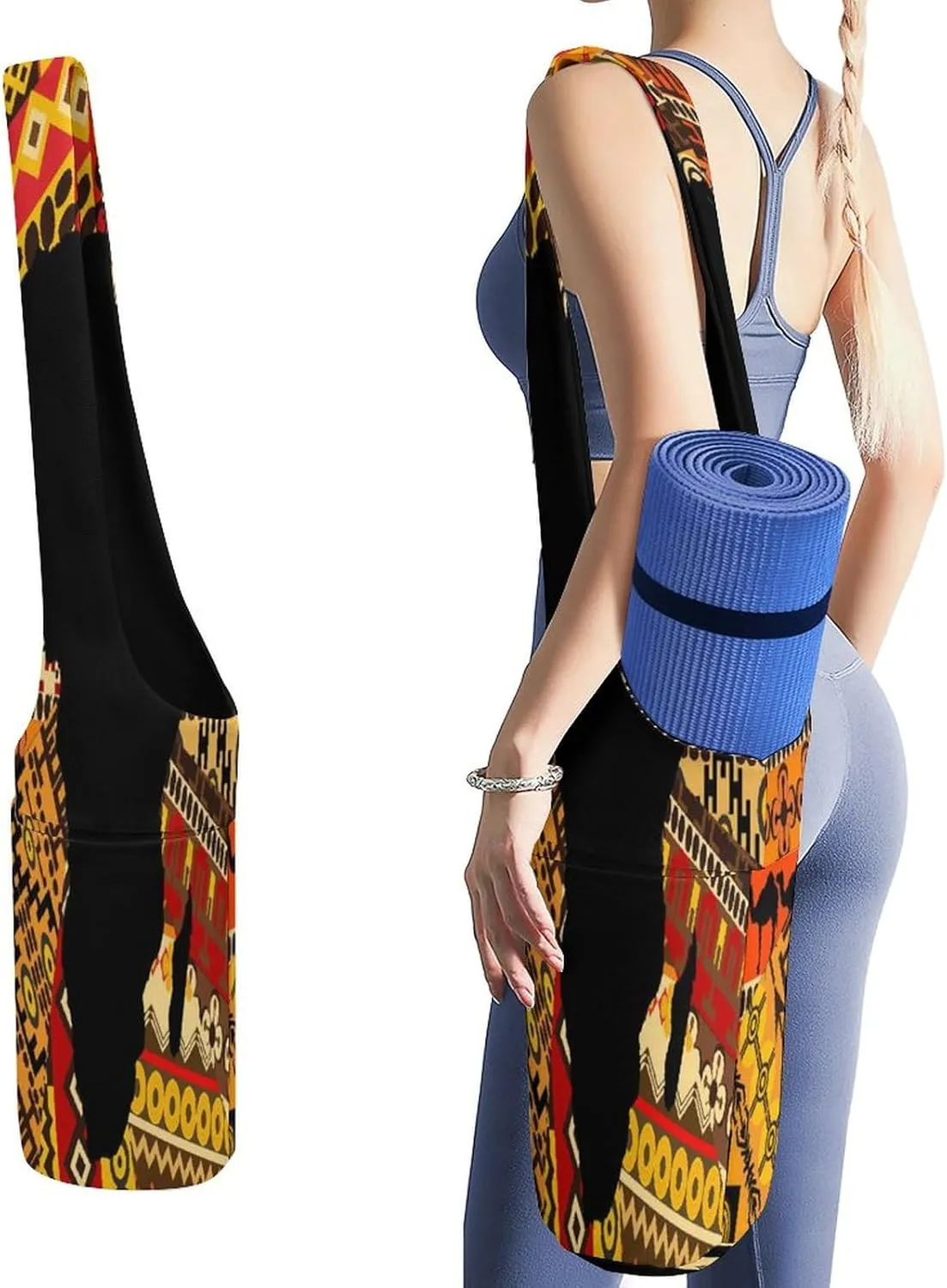 Nugier Yoga Mat Bag, Soft Canvas Storage Bag Fashion Mat Bag Pocket Shoulder Strap Clothes Dorm Organizer Print Africa Map on Tribal Ethnic Patchwork Background