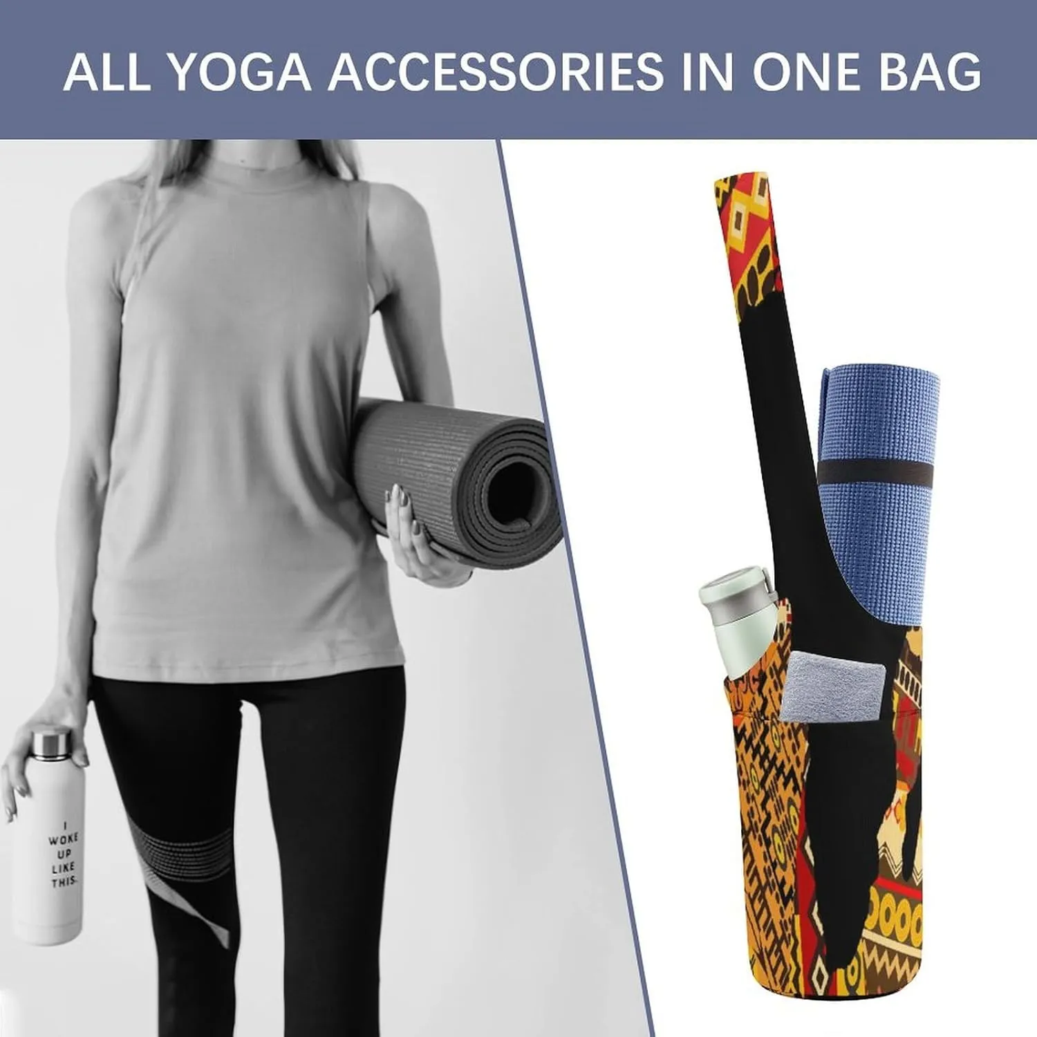 Nugier Yoga Mat Bag, Soft Canvas Storage Bag Fashion Mat Bag Pocket Shoulder Strap Clothes Dorm Organizer Print Africa Map on Tribal Ethnic Patchwork Background