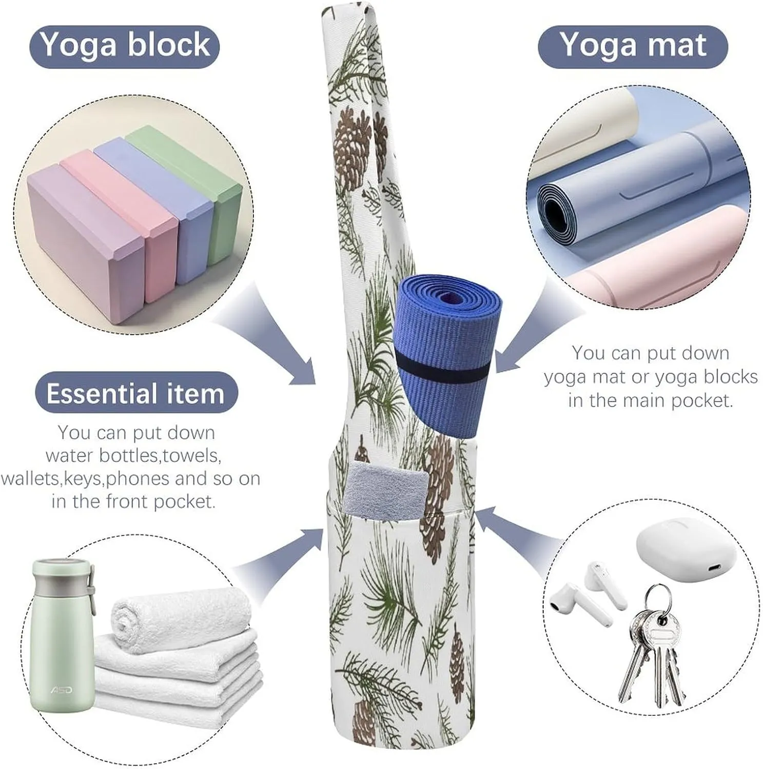 Nugier Yoga Mat Bag, Soft Canvas Storage Bag Fashion Mat Bag Pocket Shoulder Strap Clothes Dorm Organizer Print Christmas Tree Green Branches Pine Cone Fir Spruce