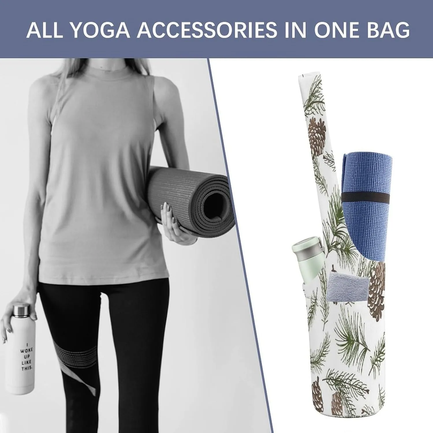 Nugier Yoga Mat Bag, Soft Canvas Storage Bag Fashion Mat Bag Pocket Shoulder Strap Clothes Dorm Organizer Print Christmas Tree Green Branches Pine Cone Fir Spruce