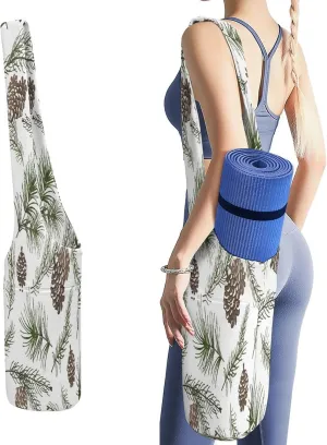 Nugier Yoga Mat Bag, Soft Canvas Storage Bag Fashion Mat Bag Pocket Shoulder Strap Clothes Dorm Organizer Print Christmas Tree Green Branches Pine Cone Fir Spruce