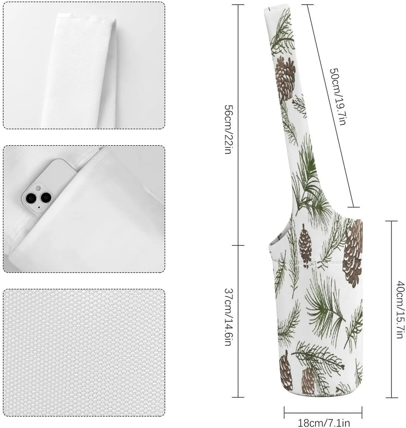 Nugier Yoga Mat Bag, Soft Canvas Storage Bag Fashion Mat Bag Pocket Shoulder Strap Clothes Dorm Organizer Print Christmas Tree Green Branches Pine Cone Fir Spruce