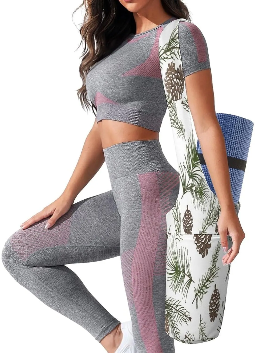Nugier Yoga Mat Bag, Soft Canvas Storage Bag Fashion Mat Bag Pocket Shoulder Strap Clothes Dorm Organizer Print Christmas Tree Green Branches Pine Cone Fir Spruce