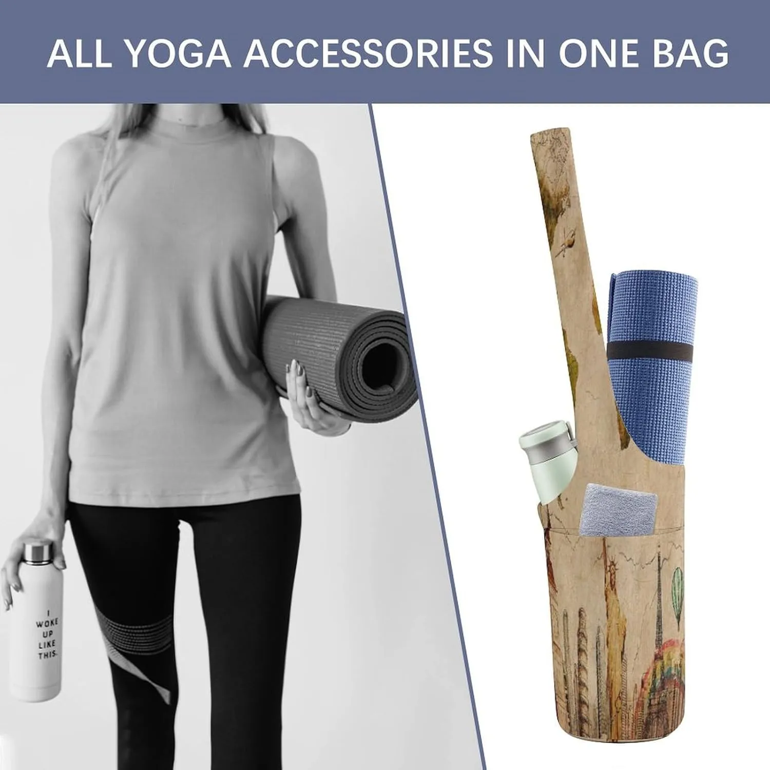 Nugier Yoga Mat Bag, Soft Canvas Storage Bag Fashion Mat Bag Pocket Shoulder Strap Clothes Dorm Organizer Print European Travel Concept World Map Statue of Liberty