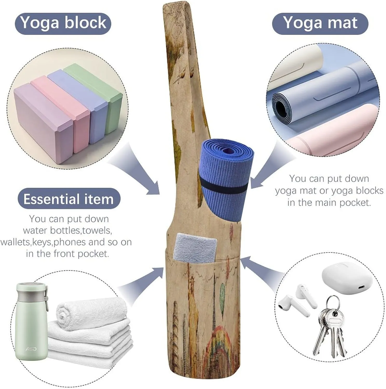 Nugier Yoga Mat Bag, Soft Canvas Storage Bag Fashion Mat Bag Pocket Shoulder Strap Clothes Dorm Organizer Print European Travel Concept World Map Statue of Liberty